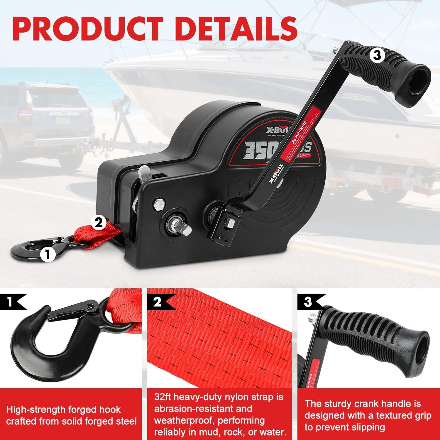 X-BULL Heavy Duty Boat Trailer Winch 3500 LBS 32FT Strap New Upgraded Quick-Connect Handle and Enclosed Housing, 2-Way Ratchet 4:1/8:1 Gear Winch for Boat, Truck, Trailer, RV, ATV, Jet Ski