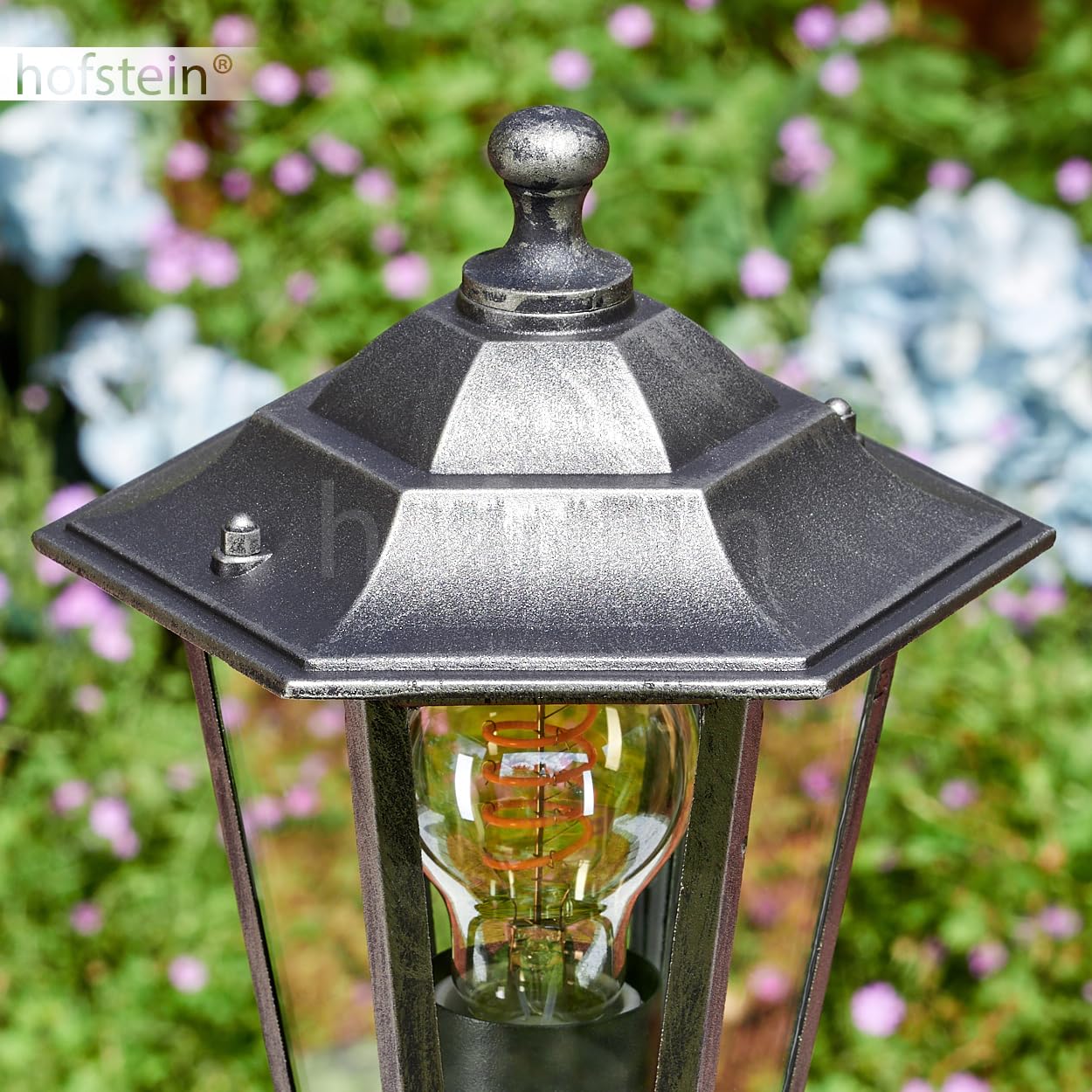 HOFSTEIN Lampa zewnętrzna Loria, lampa drogowa z czujnikiem ruchu z metalu/szkła w kolorze czarno-srebrnym/przezroczystym, lampa zewnętrzna o wyglądzie antycznym, wysokość 107 cm, oświetlenie ogrodowe