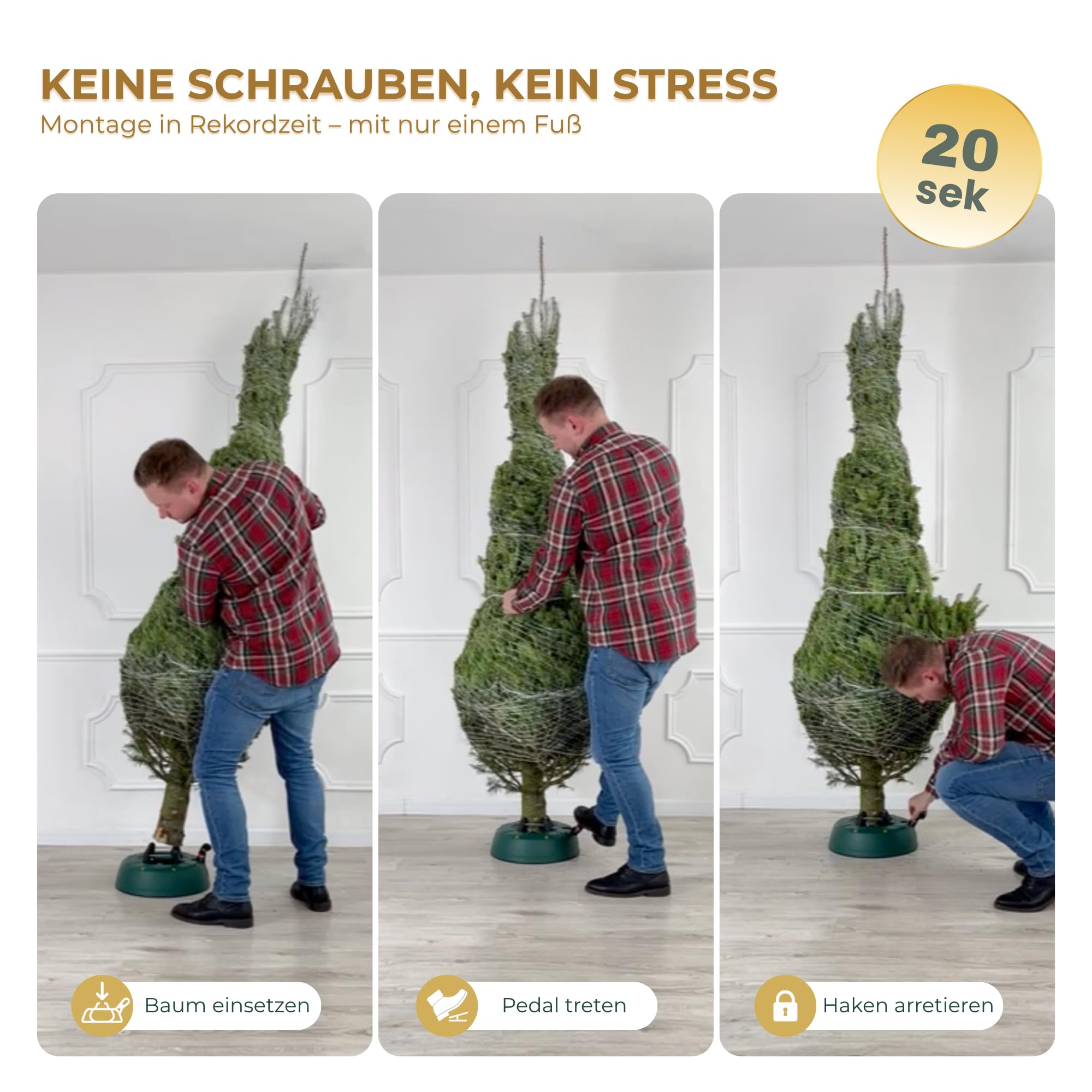 Robuster Christbaumständer für Baumhöhe bis 3,5m, mit Fußpedal und Einseiltechnik, inkl. 3,5L Wassertank, Weihnachtsbaumständer mit Sicherheitssystem, Grün (Matt) – Kamai Select 3.5