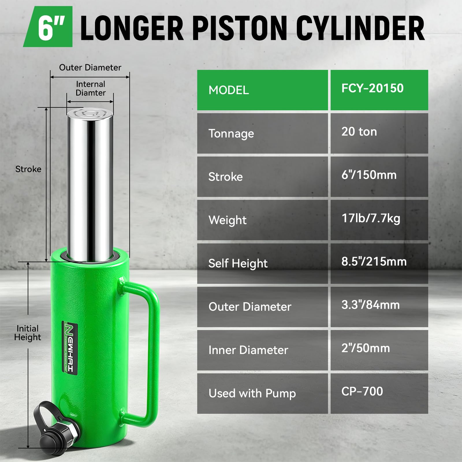 Newhai Cilindro hidráulico 20T Ram Jack, carrera larga de 6 pulgadas