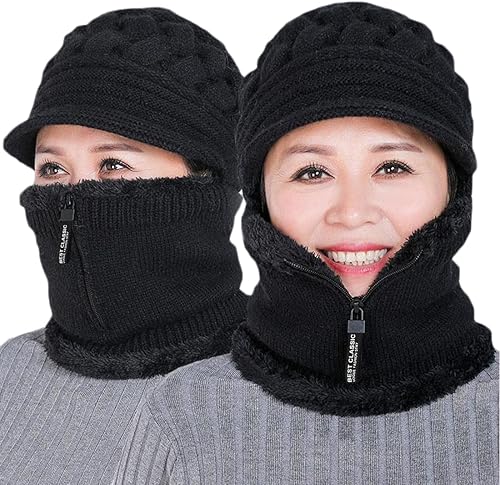 Gorro con forro de vellón para mujer, conjunto para el invierno de gorro, bufanda y máscara facial, orejeras para mujeres de mediana edad y mayores