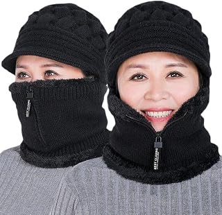 Fleece Lined Womens Beanie Hat, Winter Hat Scarf Mask Set,Women's Winter Hat, Middle-Aged and Old Warm Earmuff hat