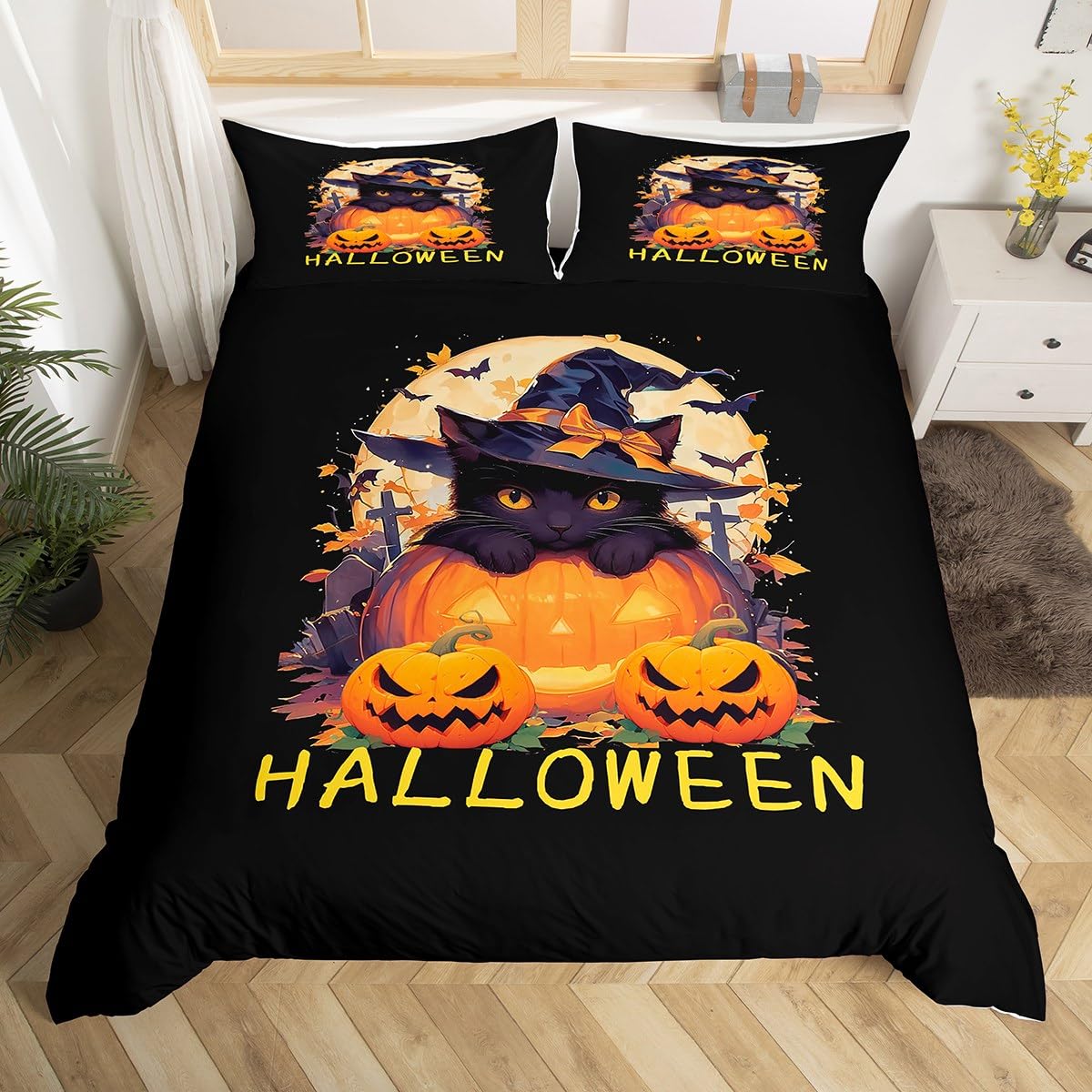 Happy Halloween Duvet Cover Set Queen Size,Moon Pumpkin Lantern Witch Hat Bedding Set for Boys Girls,Cartoon Cat Bat Animal Rustic Comforter Cover,Black Trippy Quilt Cover,2 Pillowcases(No Filler)