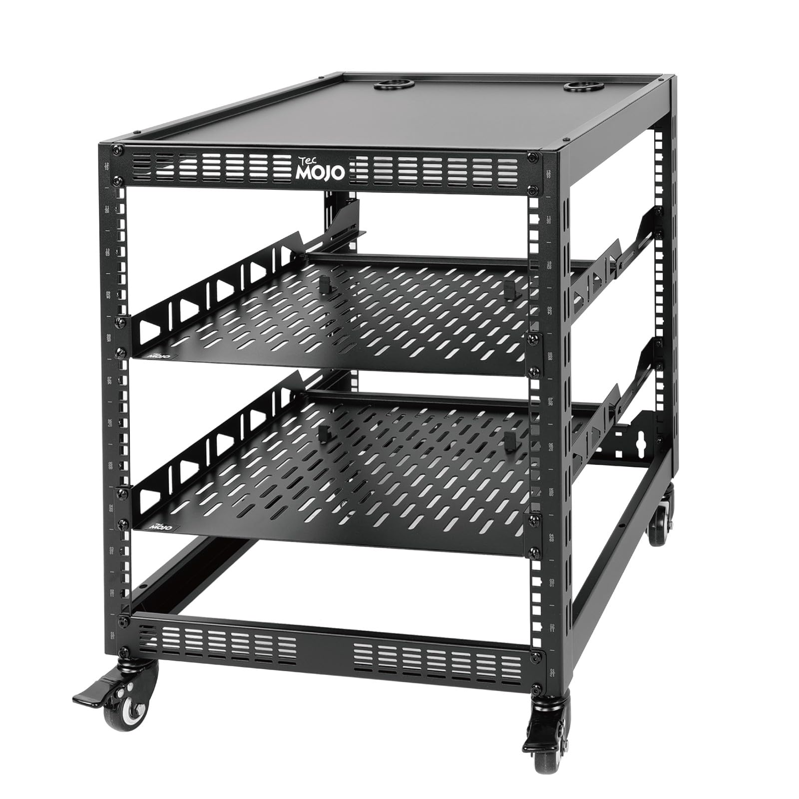Tecmojo Rack di Rete a Telaio Aperto da 19 Pollici 12U Montaggio a Pavimento o a Parete, Armadio di Rete a 4 Montanti con Rotelle, Dotato di 2 Ripiani da 1U e Materiale di Montaggio, Nero