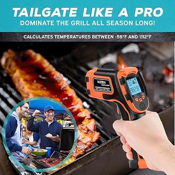 Kizen Infrared Temperature Gun - Handheld Surface Infrared Thermometer for Griddle, Grill, Pizza Oven, Candy, A/C - Laser Thermometer Gun -58F to 1112F - Surface Temp Gun