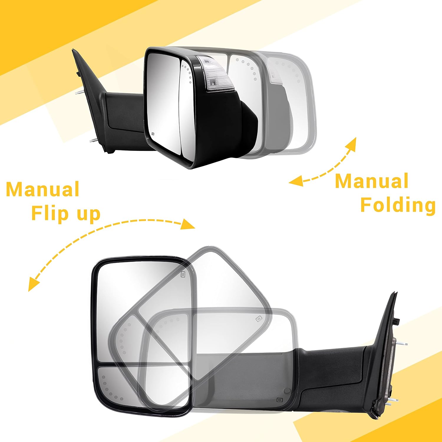 Sanooer Towing Mirrors Painted Black Compatible with 2009-2018 Dodge Ram 1500, 2010-2018 Dodge Ram 2500 3500 with Power Glass Turn Signal Light Puddle Lamp Temp Sensor Flip up Heated Pair Set