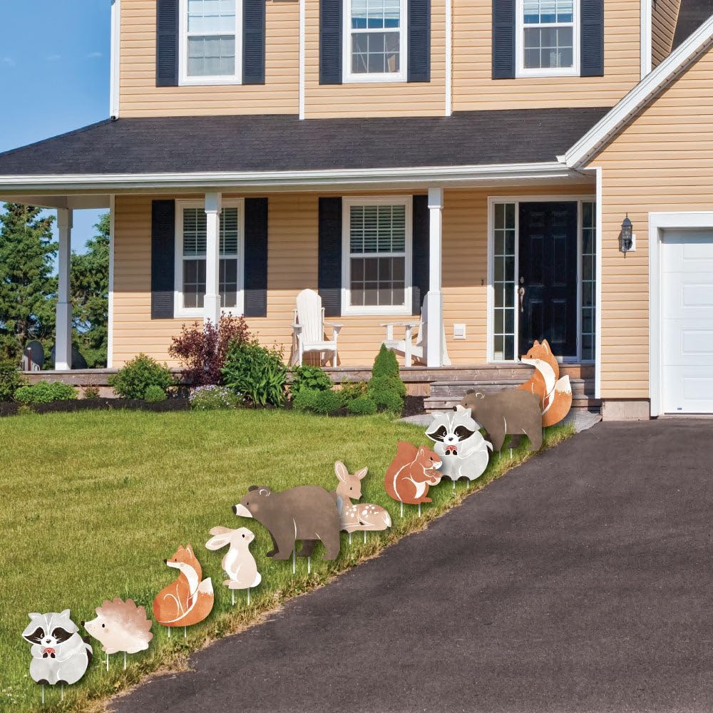 Big Dot of Happiness Woodland Animals Outdoor Decorations, Baby Shower or Birthday Party Lawn Ornaments, Assorted Forest Animal Yard Signs with Stakes - 10 Piece Set
