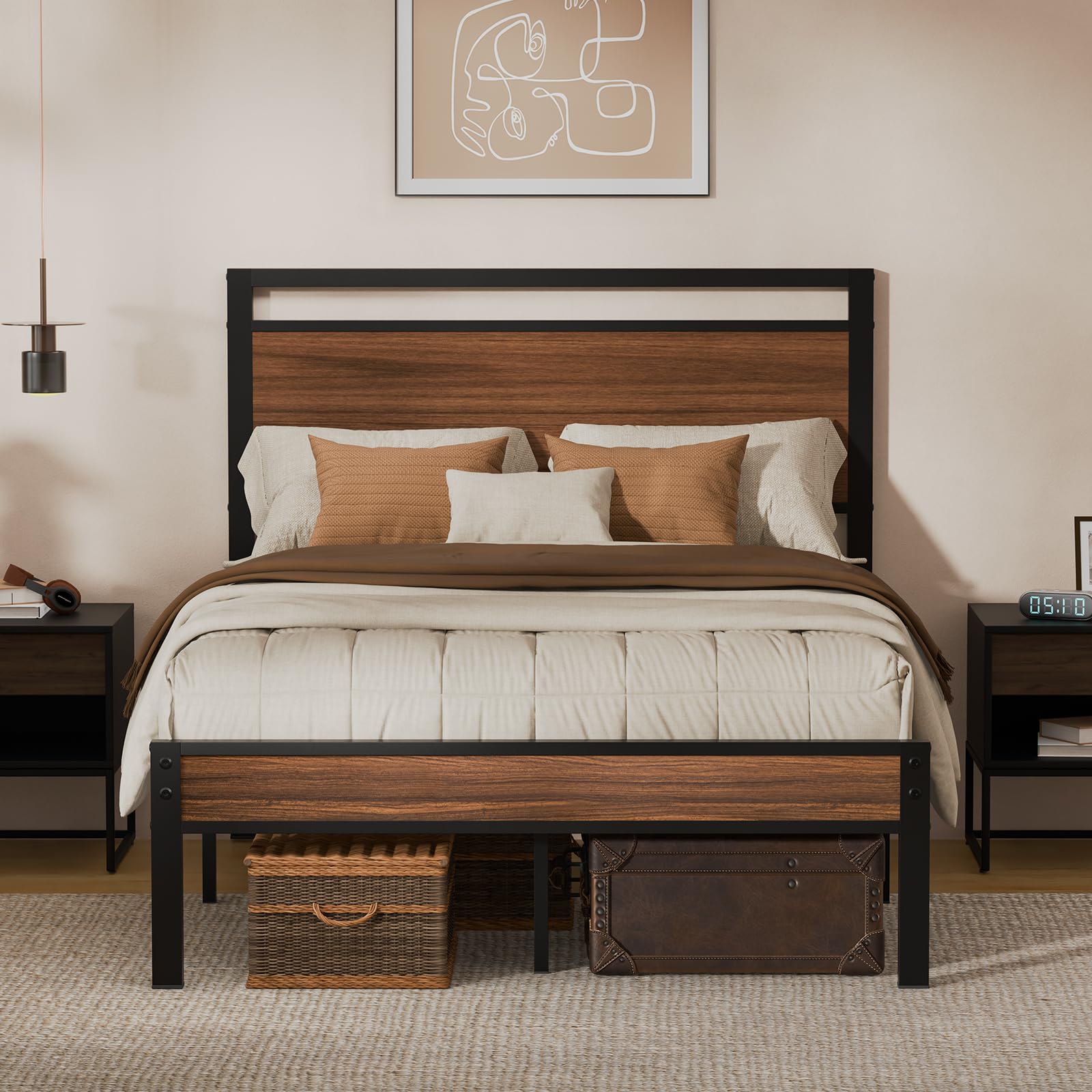 Photo 1 of ***STOCK PHOTO FOR REFERENCE ONLY***Z-hom Full Metal Bed Frame with Wooden Headboard and Footboard, Heavy Duty Platform Frame with Metal Slats, No Box Spring Needed, Quiet and Non-Slip Design, Space Saving Bed Frame for Bedroom,Walnut