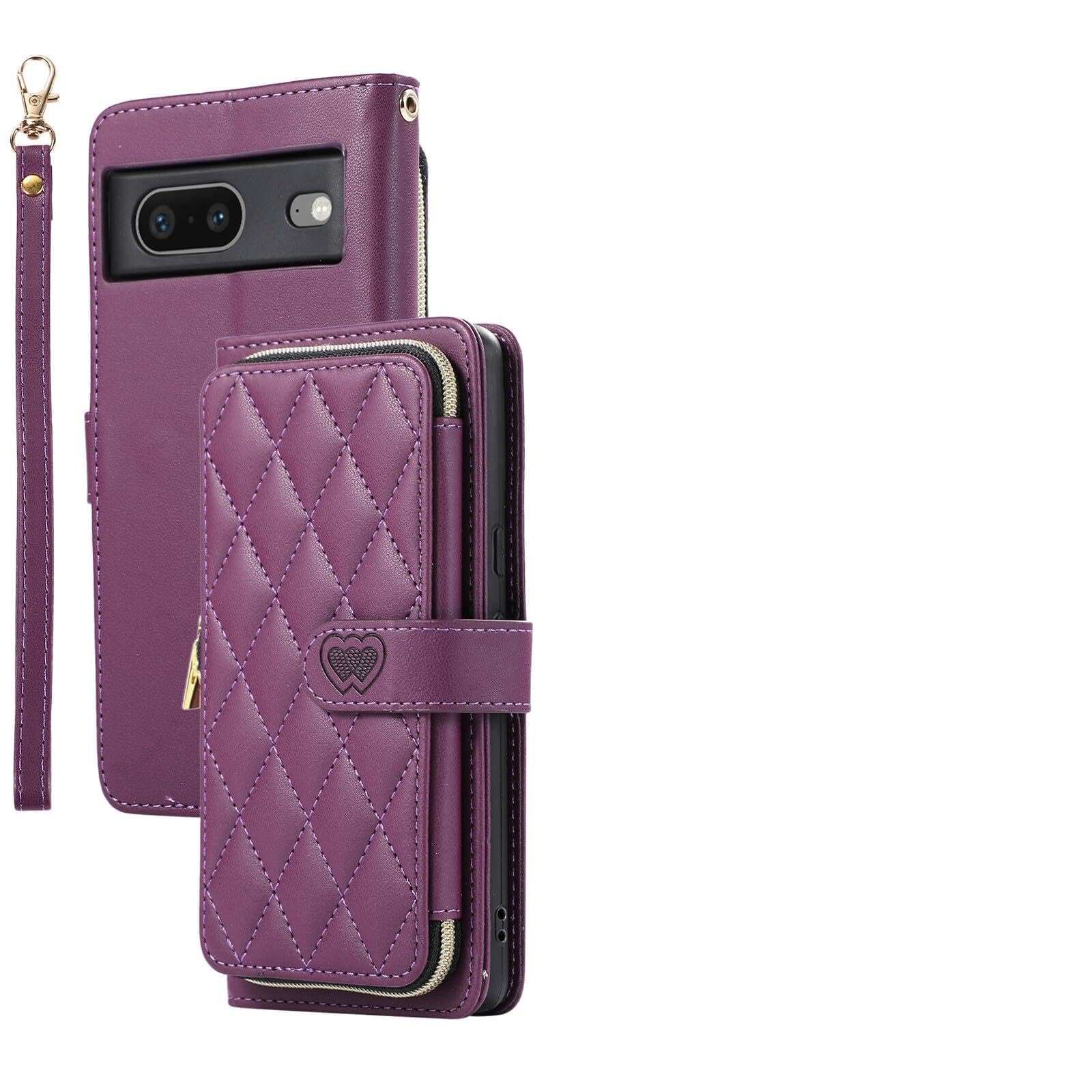 Generic Compatible con Google Pixel 6a (color púrpura oscuro) Funda tipo cartera de piel con cremallera y ranuras múltiples con correa para el hombro