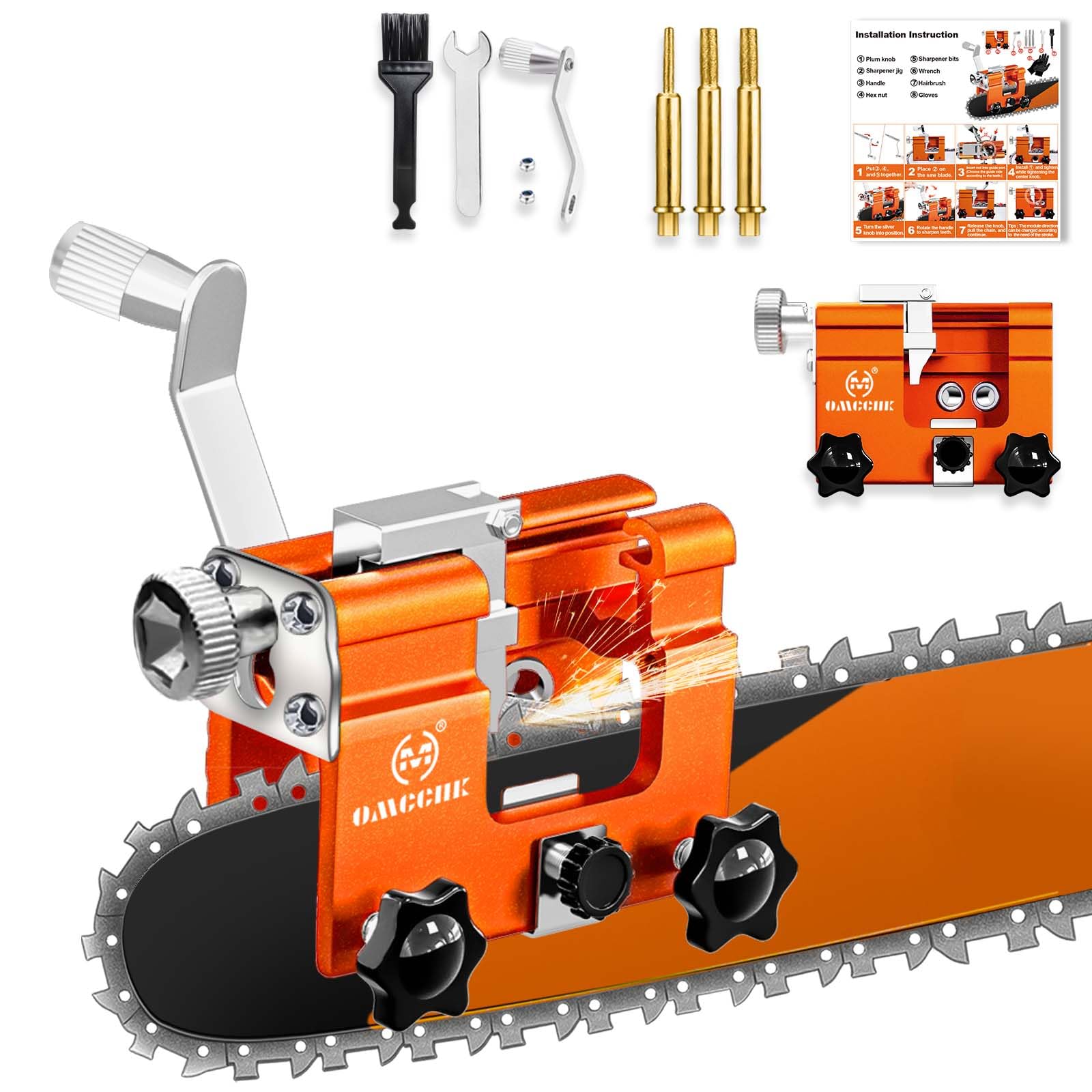 OMCCHK Portable Chainsaw Sharpener Jig with Guide, Mini Chainsaw Blade Sharpener with 3 Sharpening Burr, Hand- Crank Chainsaw Sharpening Kit for 4 - 22 Inches Electric Chain Saw