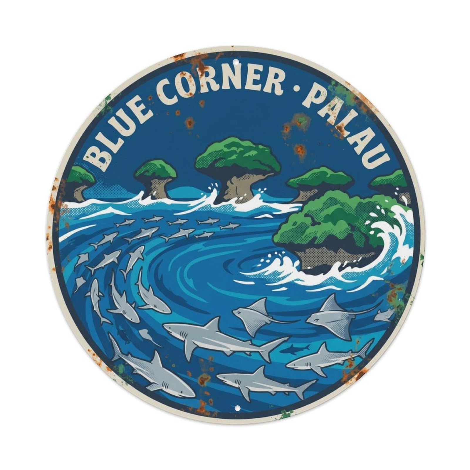 Olhnbad Style Palau Blue Corner Shark Dive Marine Wildlife Metal Tin Sign