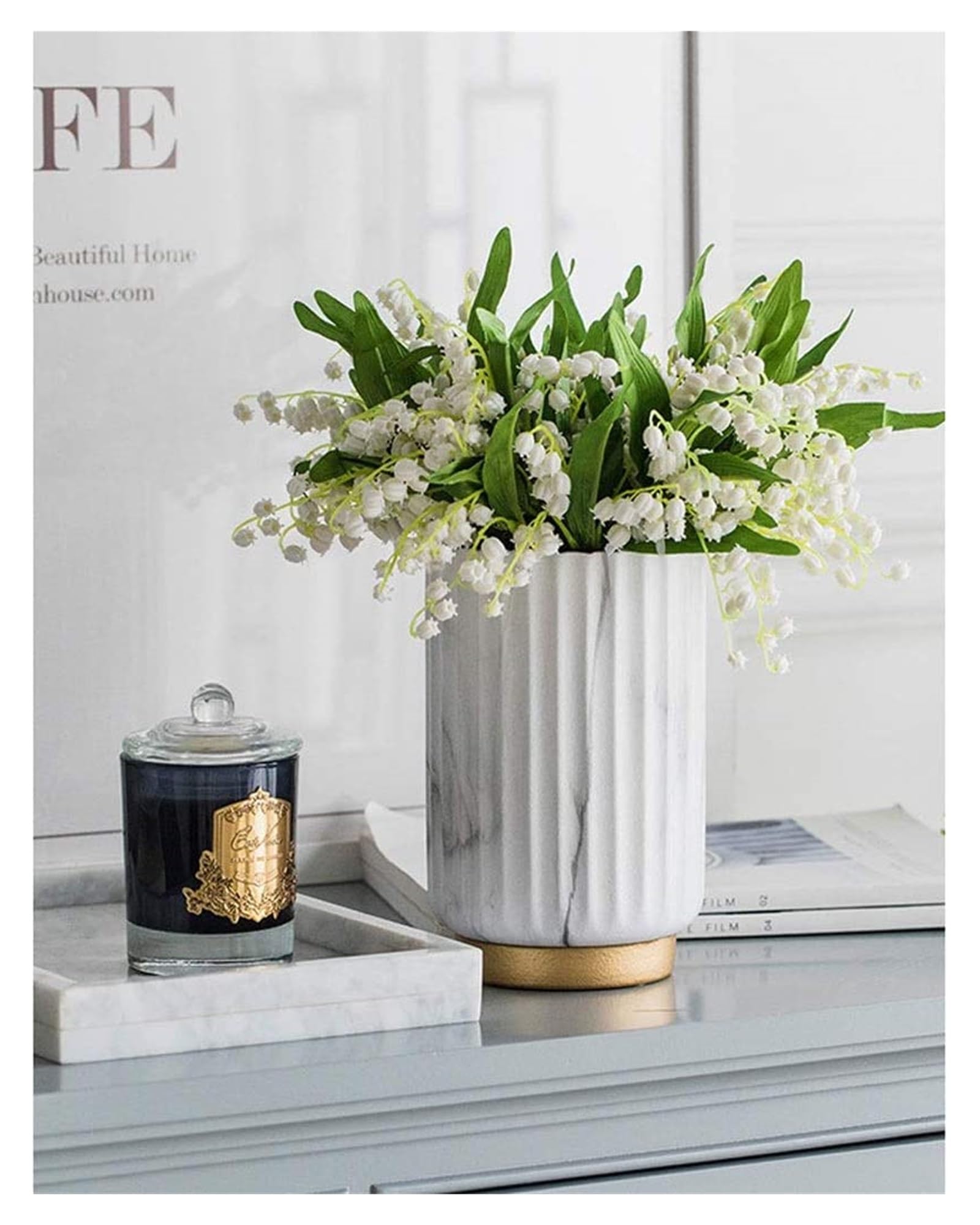 FENBNMK Blumen Gefälschte Blume Künstliche Pflanze Seide Blumenstrauß Vase Set Frühling Convallariae Blume Home Hotel Party Dekoration Hochzeit Deko