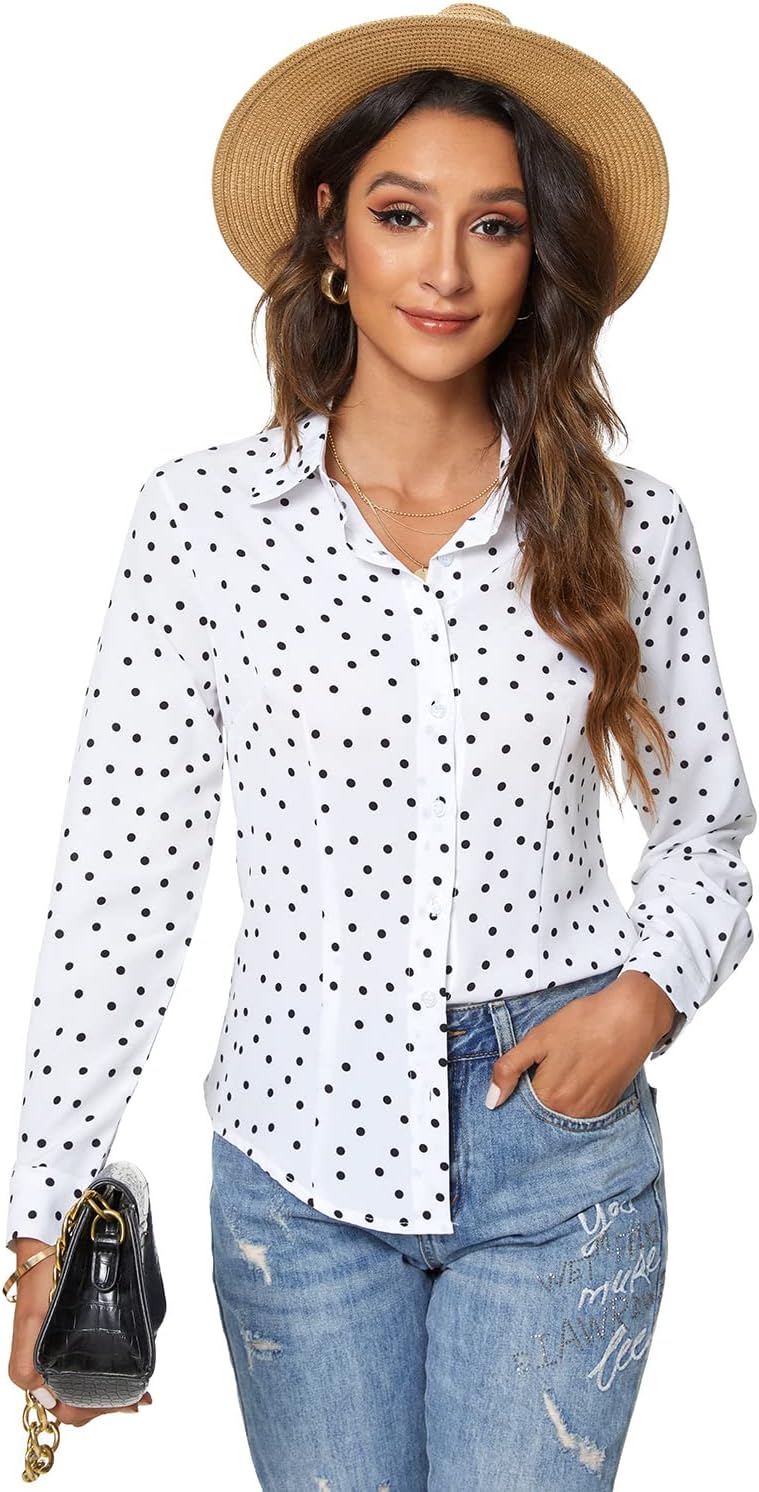 Womens Long Sleeve Button Down Shirts Classic Work Blouse Stretch Formal Casual Dress Shirt