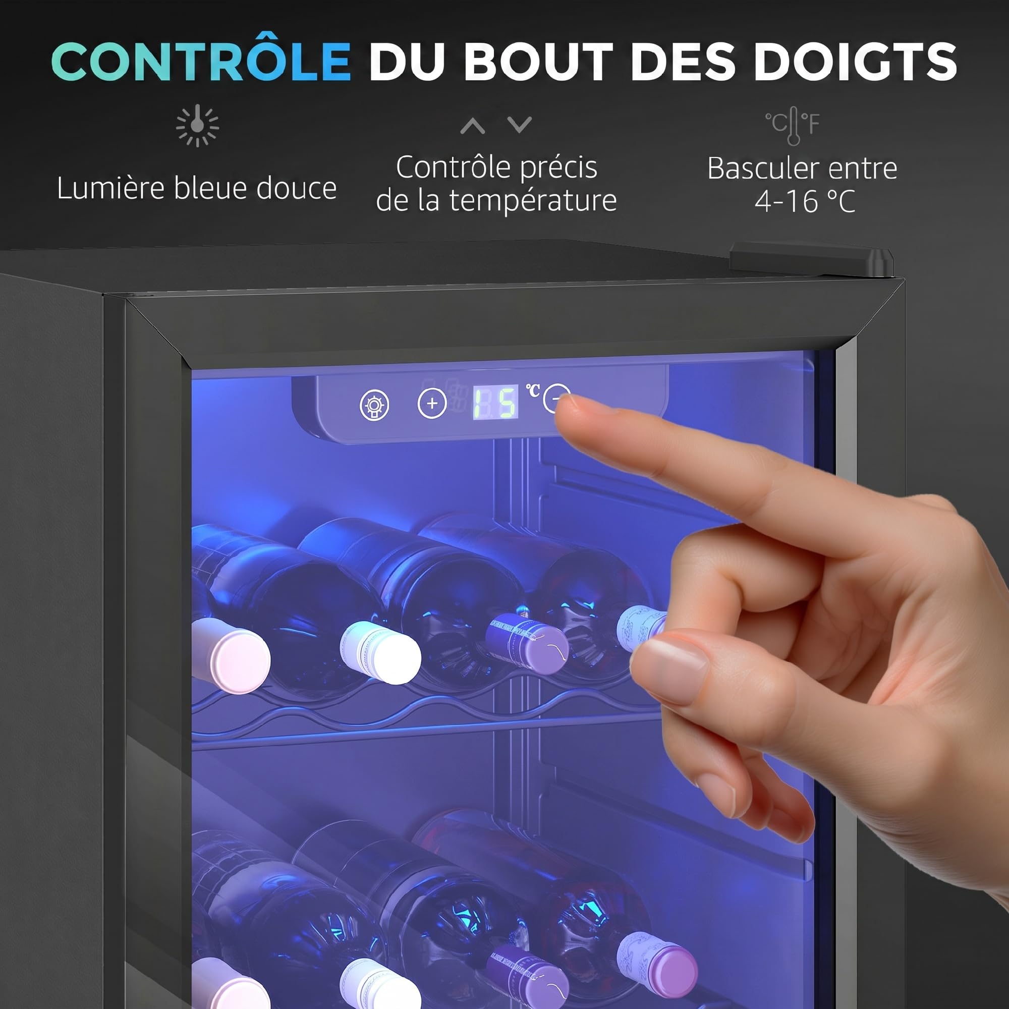 HOMCOM Cave à vin 24 bouteilles 68L, réfrigérateur à vin et boissons, température réglable 4-16°C, porte réversible verre trempé double, éclairage LED, écran tactile, noir