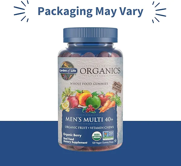 Garden of Life Organics Men 40+ Gummy Vitamins - Berry - Certified Organic, Non-GMO, Vegan, Kosher Complete Multi - Methyl B12, C & D3 - Gluten, Soy & Dairy Free, 120 Real Fruit Gummies