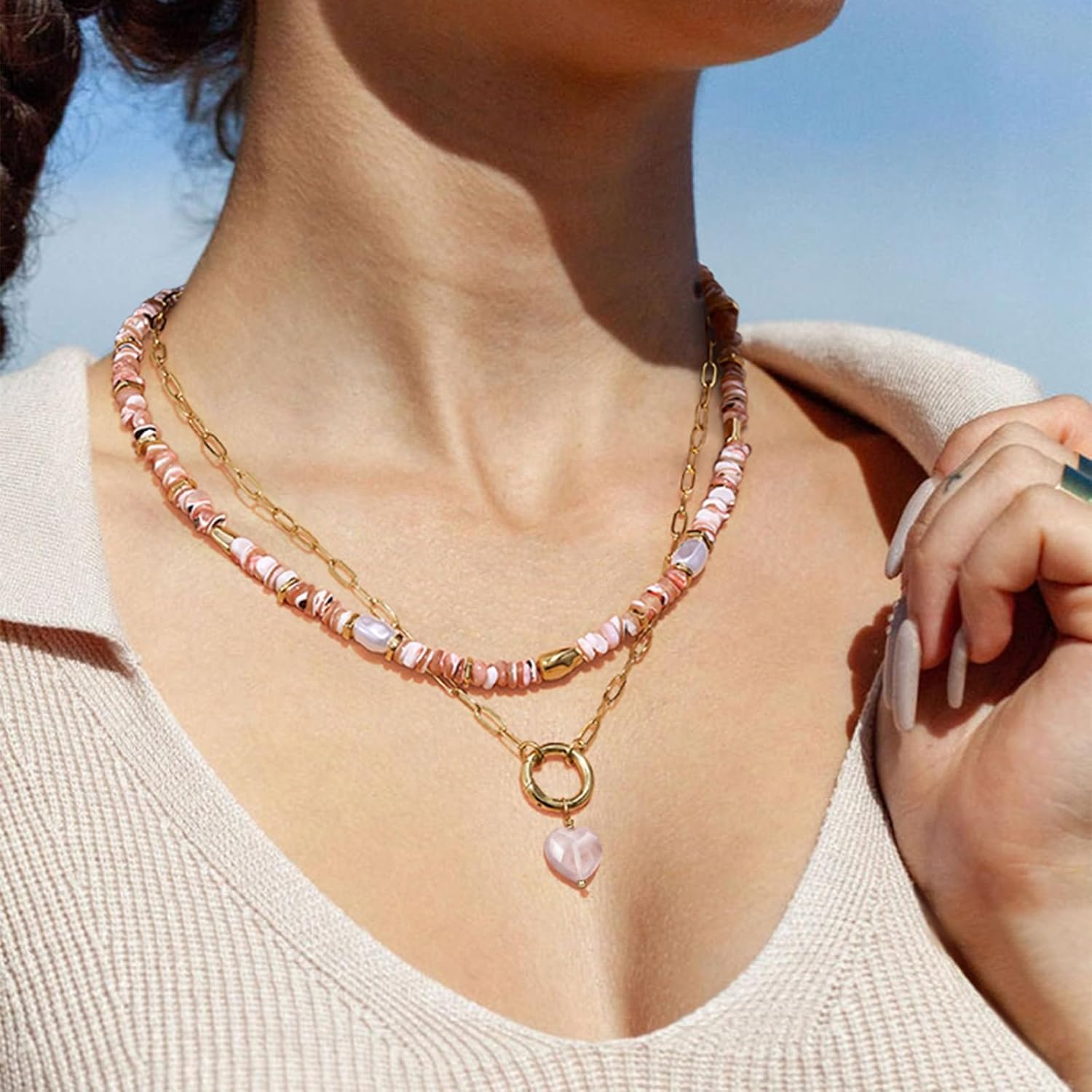 KissYan Beaded Necklaces for Women, Layered Pendant Choker for Summer, Colorful Natural Gemstone Boho Handmade Beach Valentine's Jewelry Gifts For Girlfriend Wife Lover - Image 4