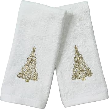 Serafina Home Christmas Bathroom Hand Towels Set of 2 White 100% Cotton Embroidered Gold Christmas Tree Design 18 x 12 Festive Bath and Kitchen Holiday Decor