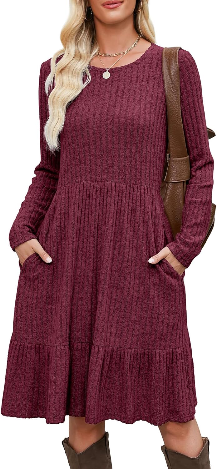 Berydress Fall Sweater Dresses for Women 2025 Long Sleeve Crewneck Flowy Babydoll Winter Casual Midi Dress with Pockets