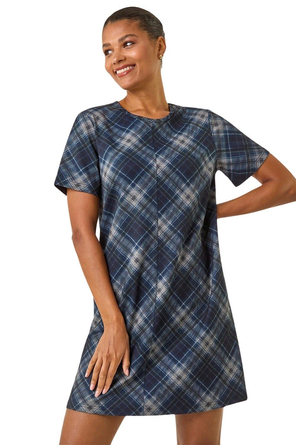 Roman Originals Check Print T-Shirt Stretch Dress for Women UK - Ladies Everyday Autumn Winter Round Neckline Comfy Soft Evening Vacation Work Party Night Out - Blue - Size 12