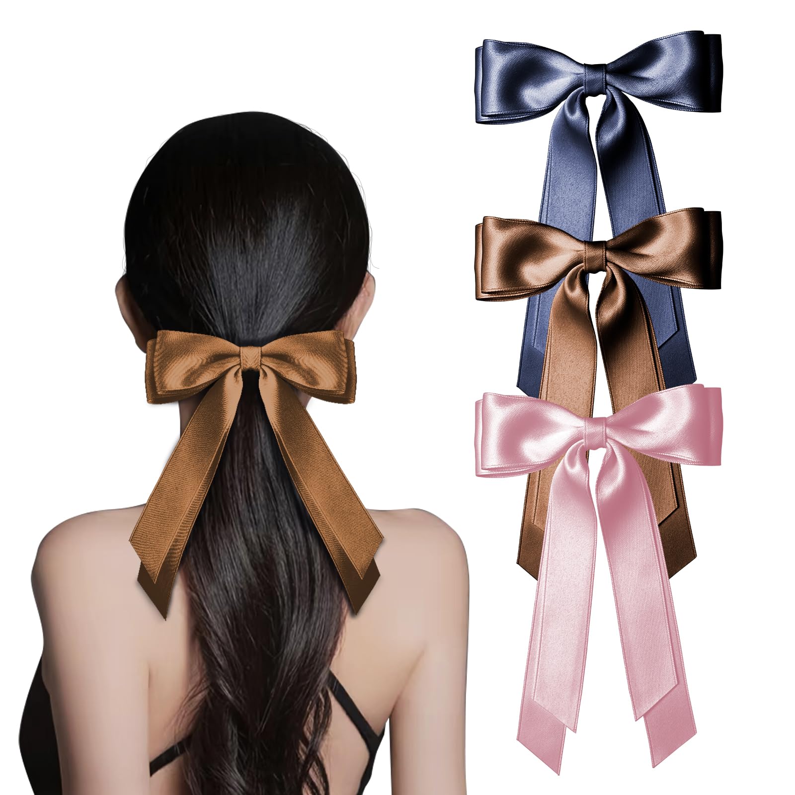 Silky Satin Hair Bows Clips 3PCS Double Layer Hair Ribbon Hair Barrettes With Long Tails for Women and Girls Daily Hair Accessories (Rose Pink, Brown,