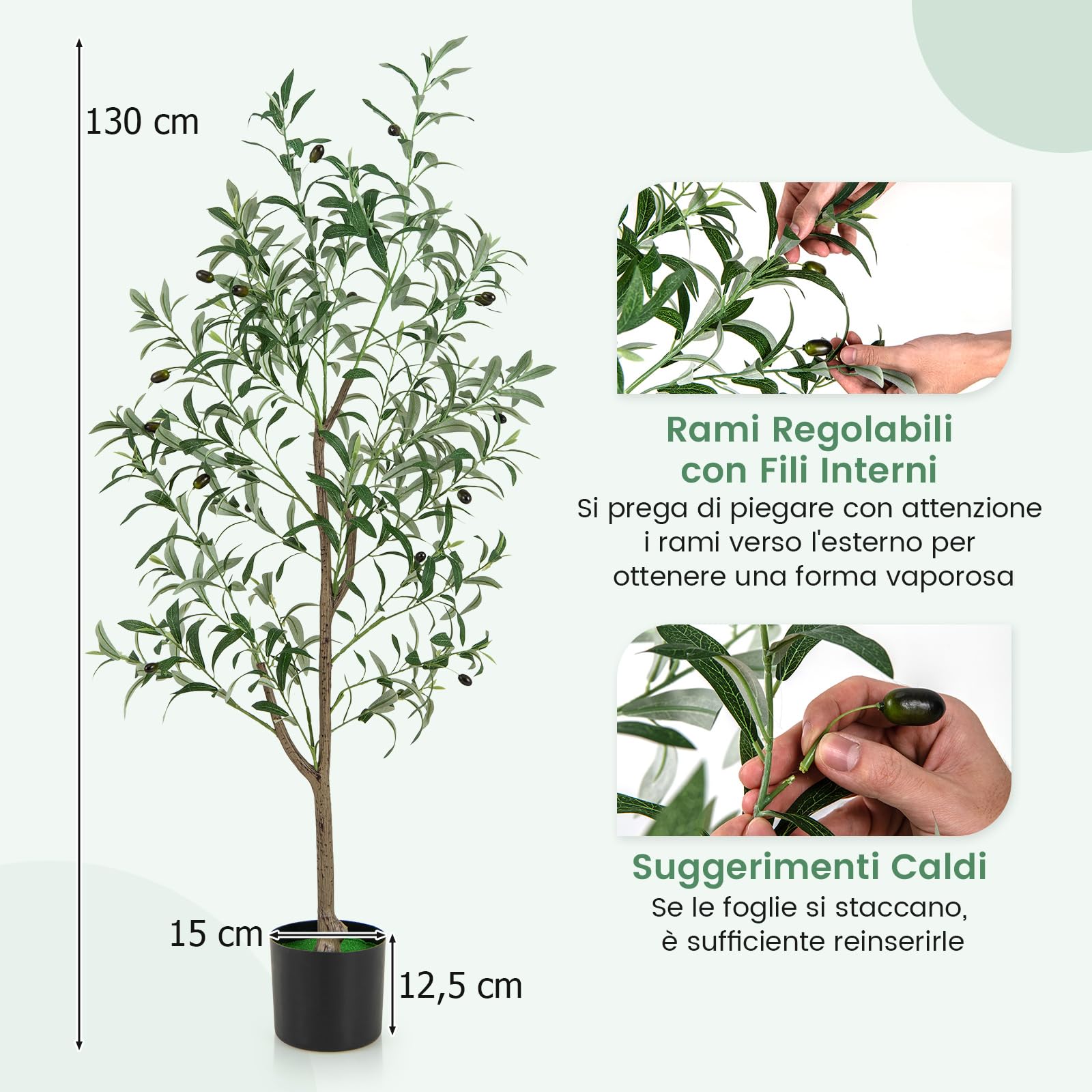 COSTWAY Pianta Finta di Oliva 130 cm, Pianta Olivo Artificiale in Vaso Decorazione per Casa e Ufficio, Pianta Finta in PE con Frutti Realistici da Interno ed Esterno (1)
