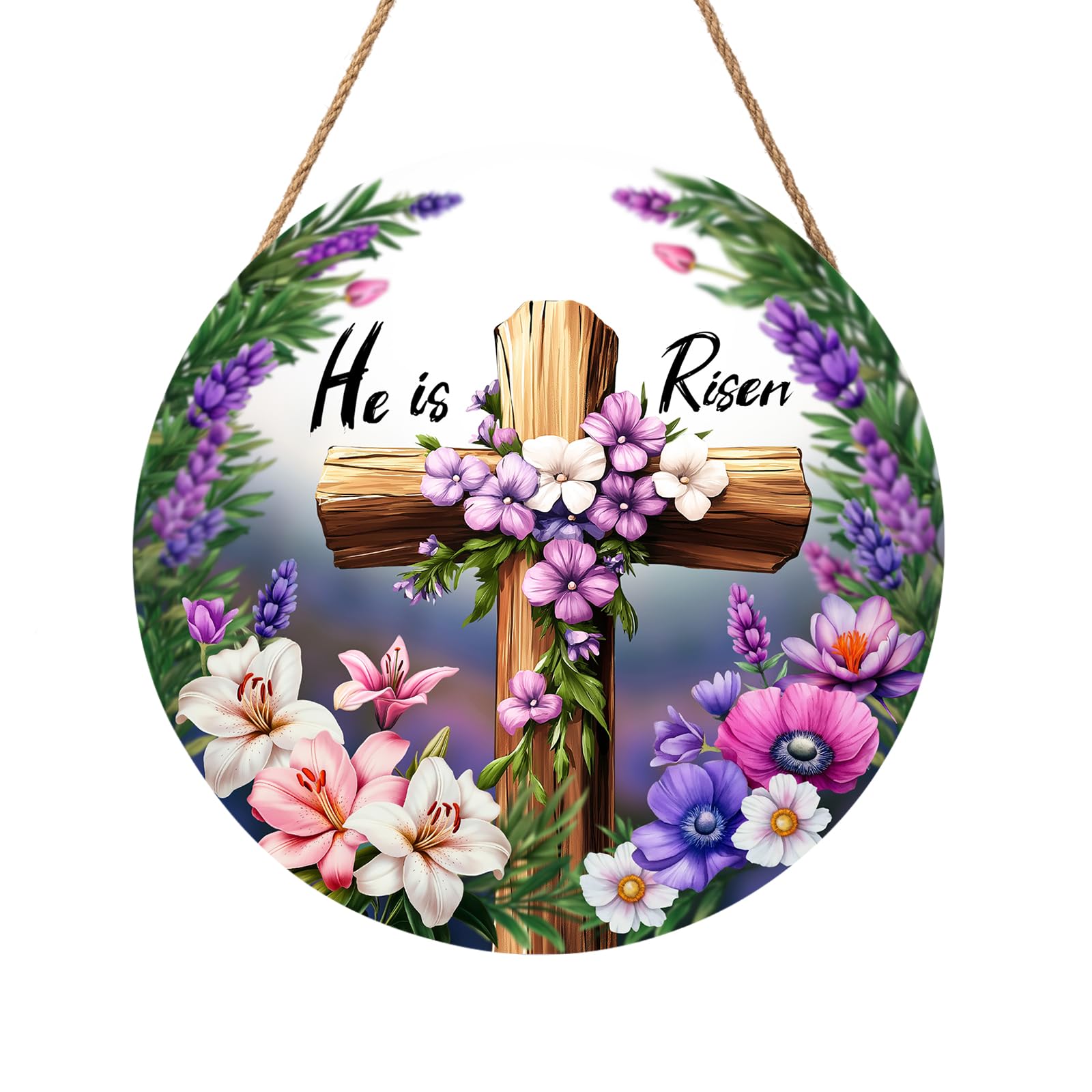 Harooni Easter Cross Sign, 12inch Bright/Vibrant Wooden Wall Mount Rustic Sign with 'He is Risen', Includes Twine, 12x12 inches