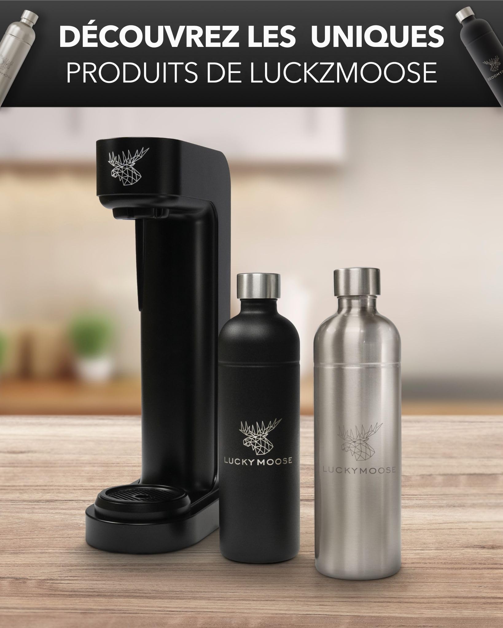 Luckymoose Infinity Lot de 4 Bouteilles en Inox machine a gazeifier l'eau 1,25L sand – Compatibles avec la série LM Infinity, Aarke Carbonator 3 et Brita SodaOne – Écologique & incassable