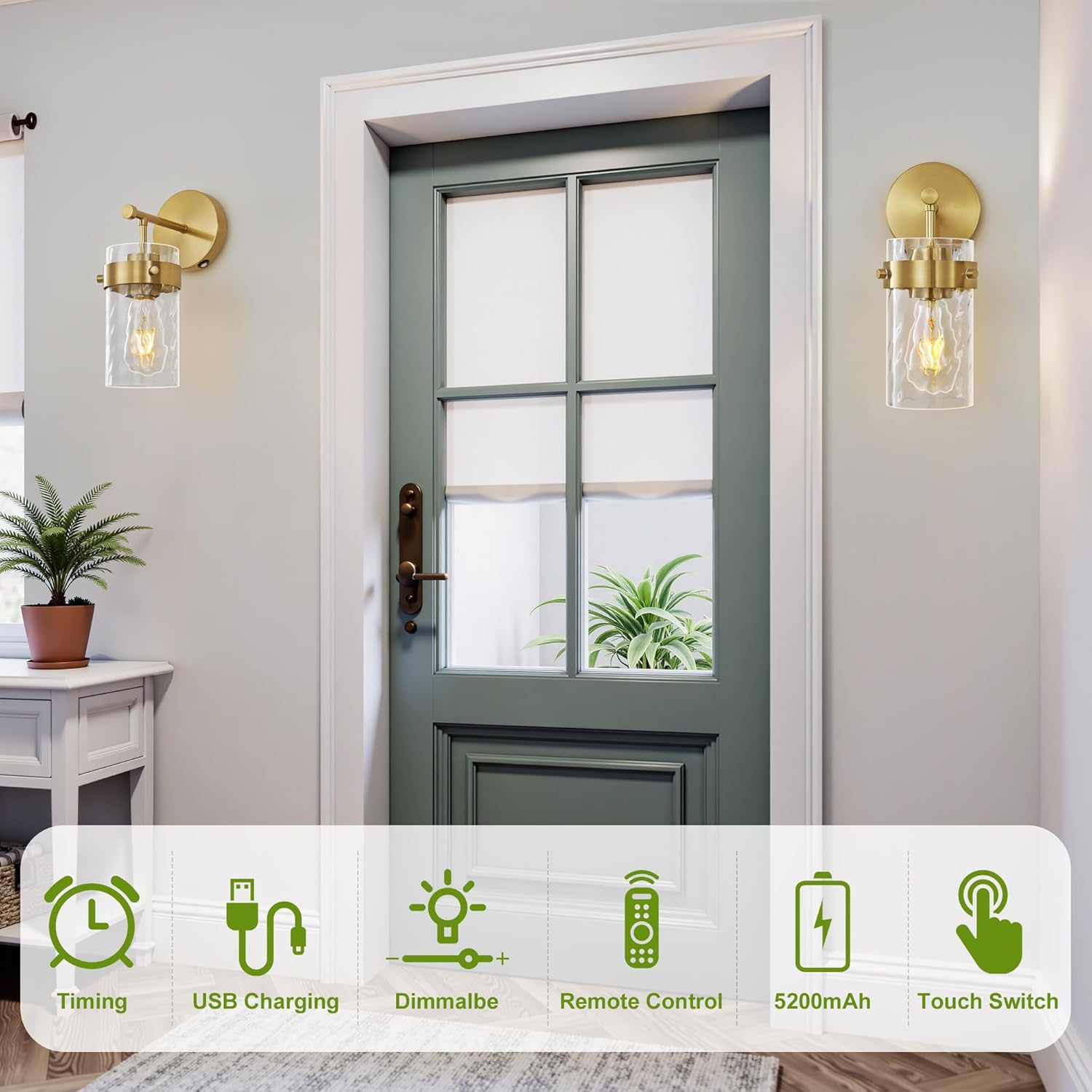 Battery Operated Wall Sconces Set of 2 Gold Rechargeable Wall Light with Dimmable Bulbs and Remote Wireless Wall Lamps with Hammered Glass Lampshade for Bedroom Living Room Hallway(2 Pack)