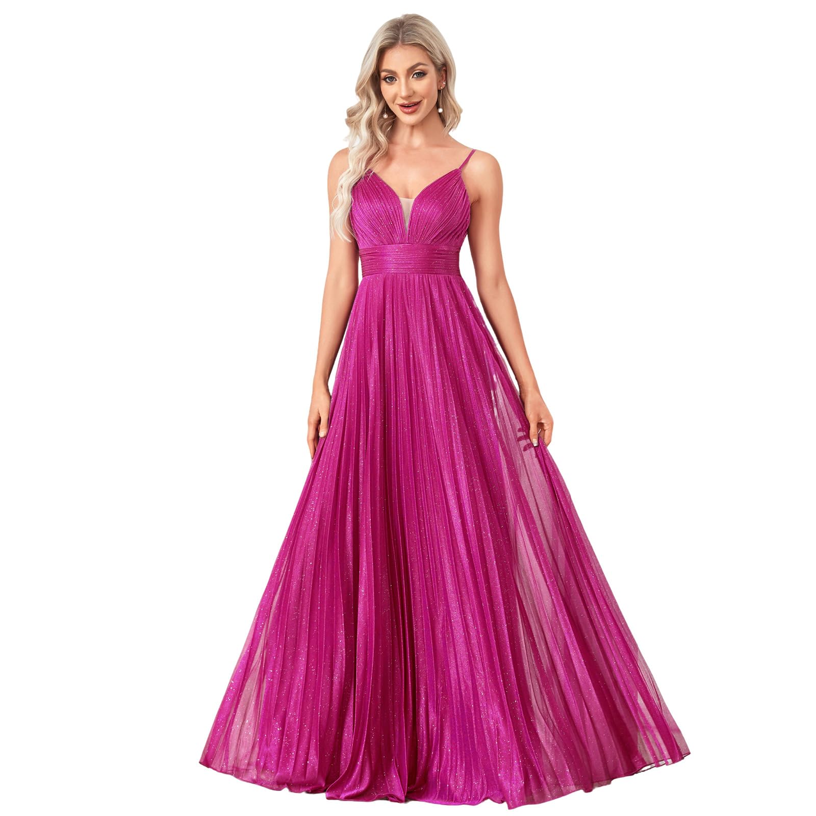 Sexy Backless Maxi Formal Dress for Women with Sequin, Sleeveless Pleated Evening Gowns for Wedding and Cocktail