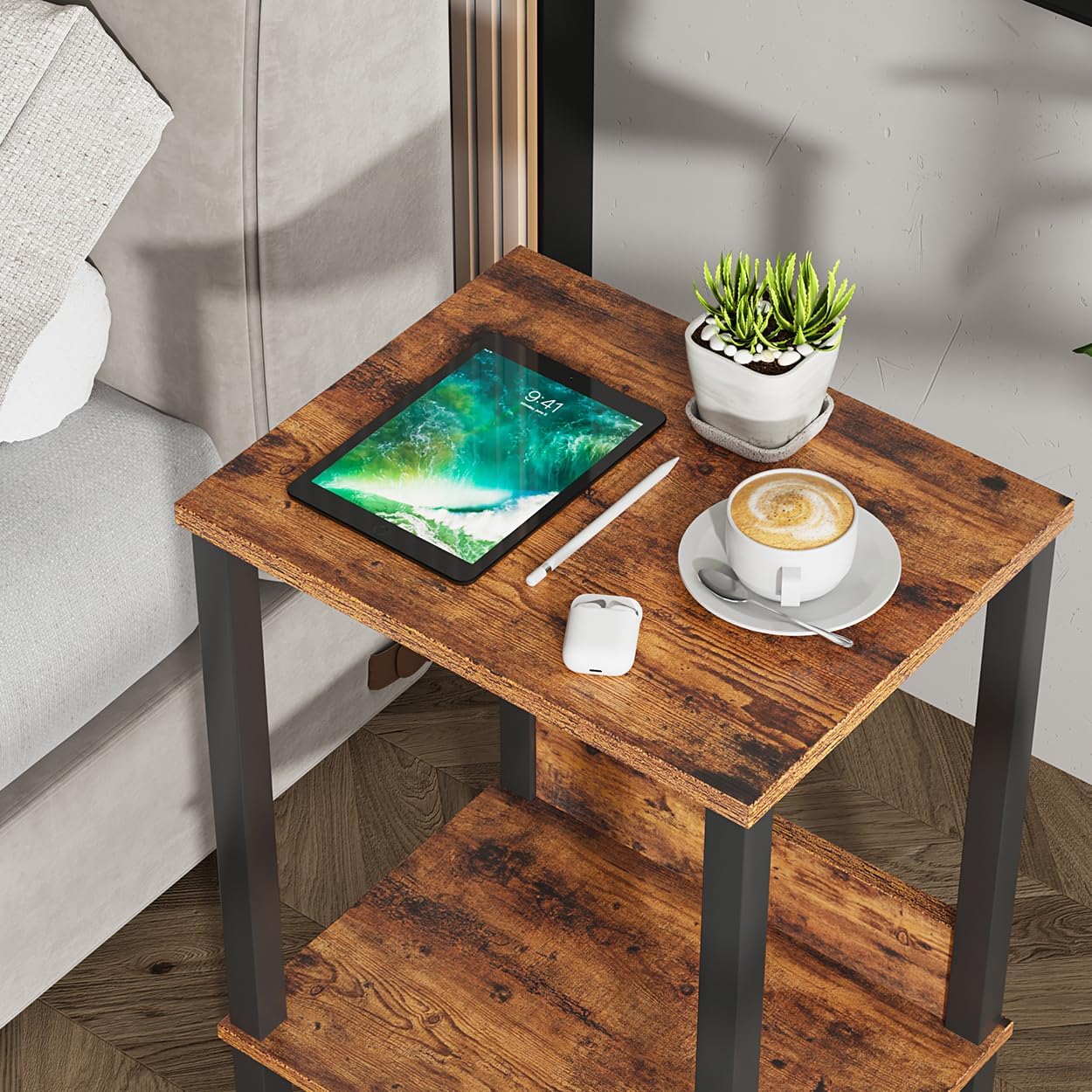 VIMBER End Table, Side Table, Set of 2, Nightstands with 2-Tier Storage Shelves, Sofa Table for Small Space, Coach Table for Living Room Bedroom, Rustic Brown UTBT101F2