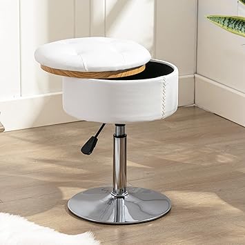 Adjustable Vanity Stool, Round Leather Storage Vanity Chair for Makeup Room, LUE BONA Tufted Swivel Makeup Chair Makeup Stool Ottoman for Bathroom, Living Room(White)