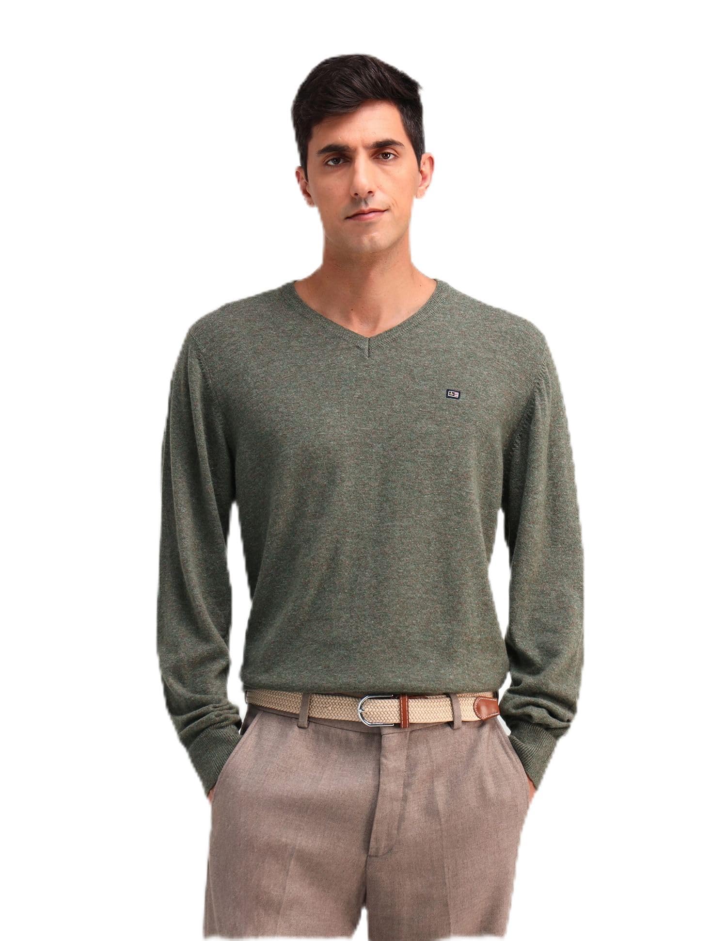 arrow sports Mens Green Solid Long Sleeve Cotton Classic Pullover Sweater-picture-38