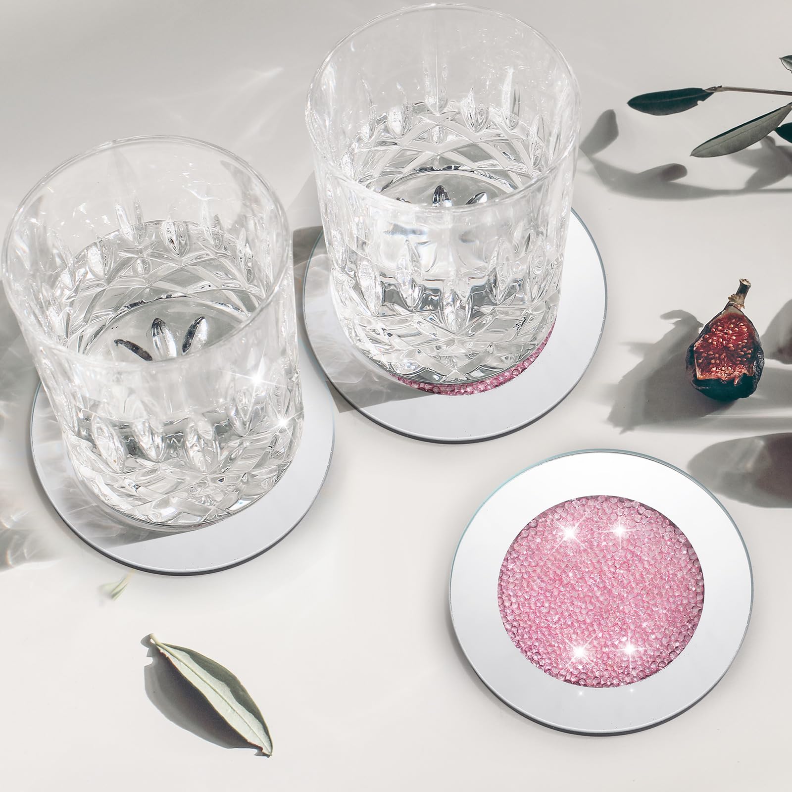Jetec Mirrored Glass Coaster Set of 6 with 1 Holder 4" Crushed Diamond Round Cup Mat Glitter Crystal Rhinestone Glass Coaster Bling Table Decor for Bar Kitchen Gift for Christmas(Pink,4 Inch) - Image 4