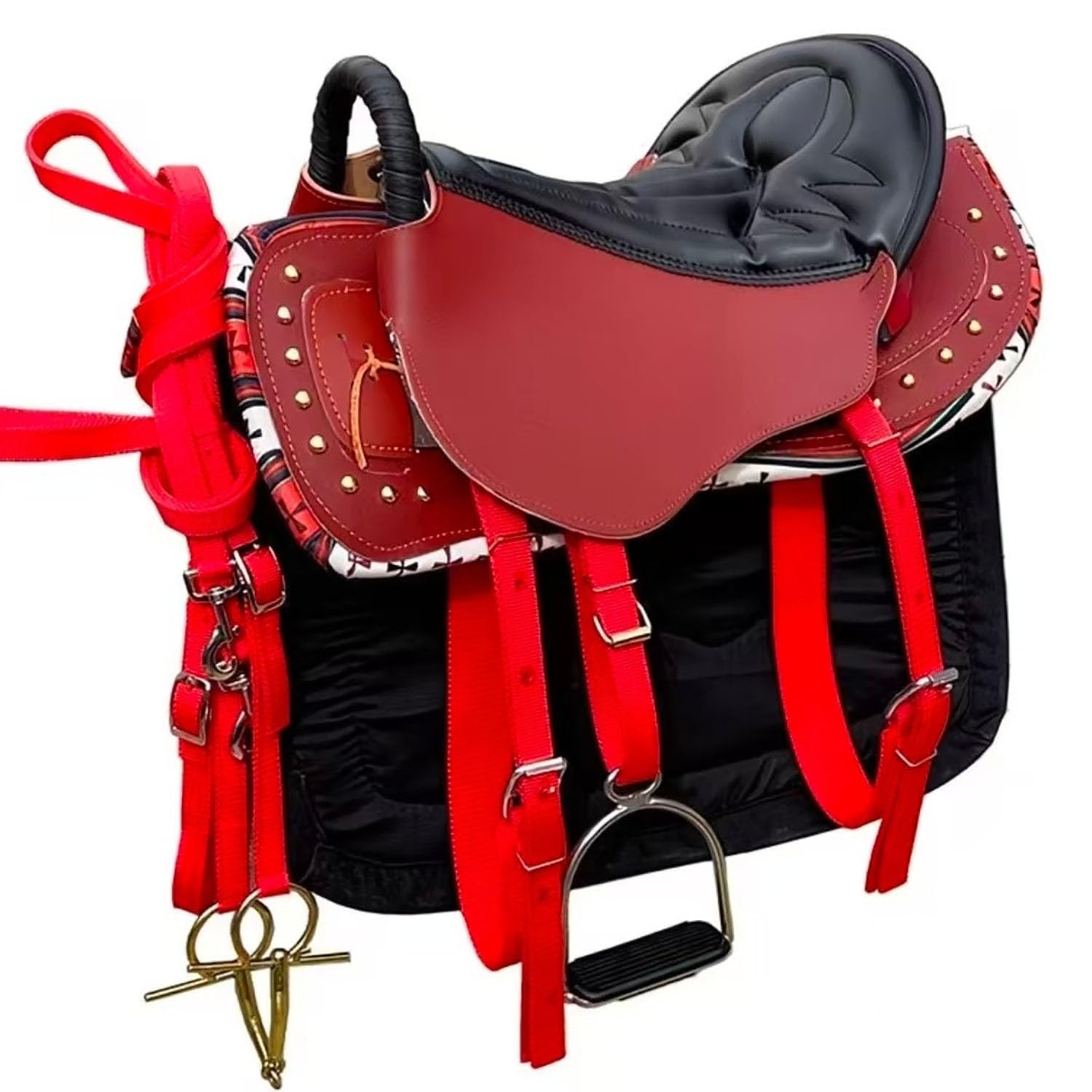 NILoykg& Set da 8 Pezzi per Sella per Cavallo, Kit Completo per Sella con staffe, staffe in Cuoio, sottopancia, Sopracciglia, sottosella, redini e Corda di Piombo,Rosso