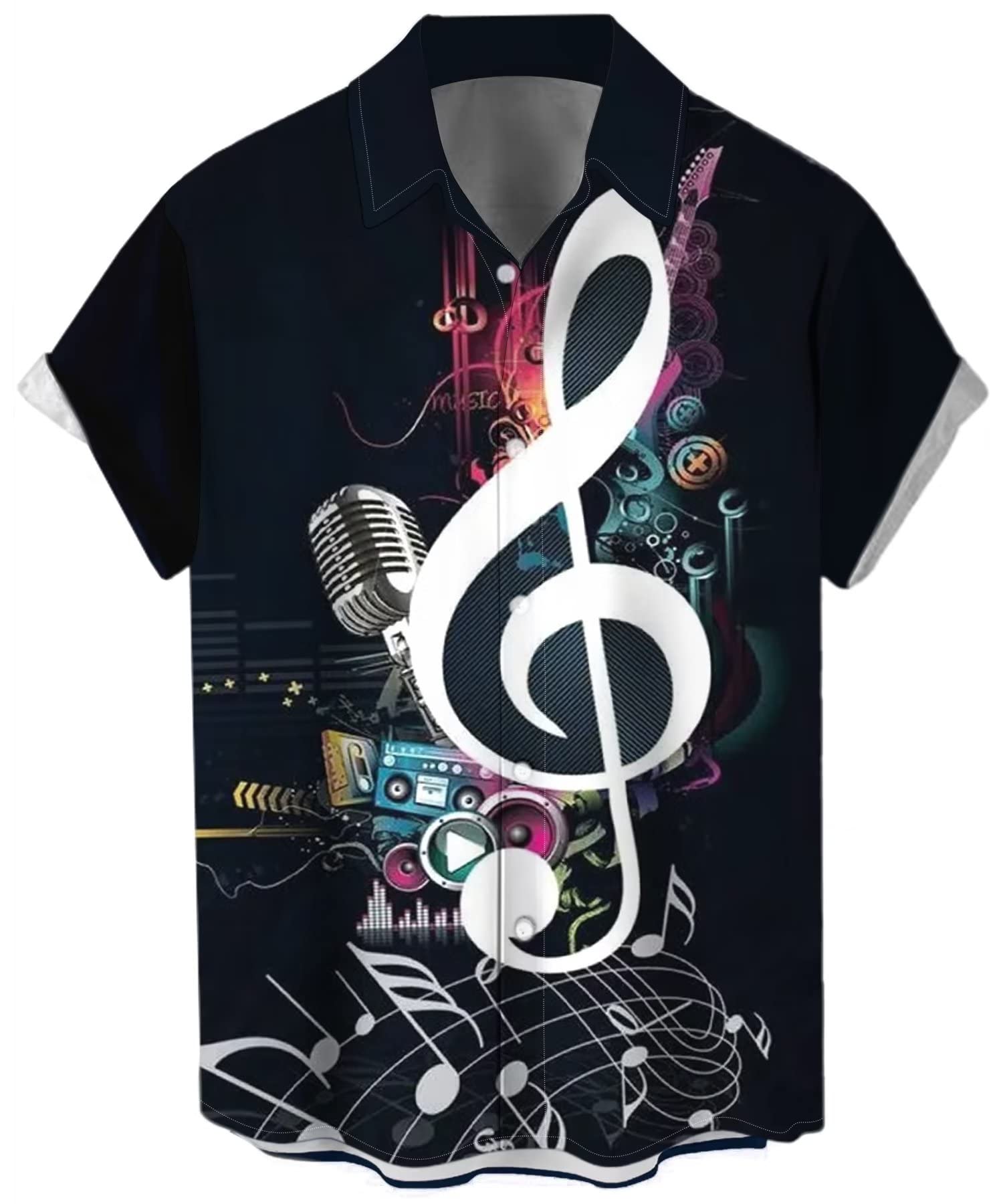Lzzidou Men's Music Note-Black Vintage Bowling Shirt 1950S Retro Rockabilly Style Short Sleeve Button Down Music Hawaiian Shirts, Large