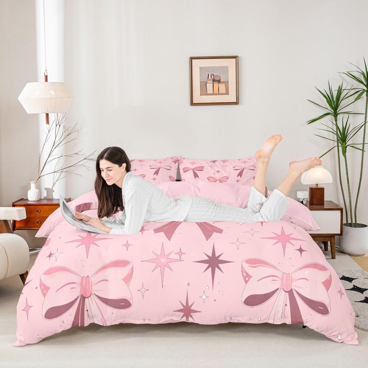 Homewish Set di biancheria da letto con copripiumino per letto super king size con fiocco e fiocco con fiocco e stelle, set di biancheria da letto con fiocco rosa