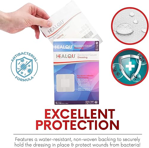 Miniatura 5 de Healqu - Apósito de isla, 10,2 x 10,2 cm, 60 unidades - Apósitos de gasa estéril con borde envueltos individualmente, resistentes al agua, con