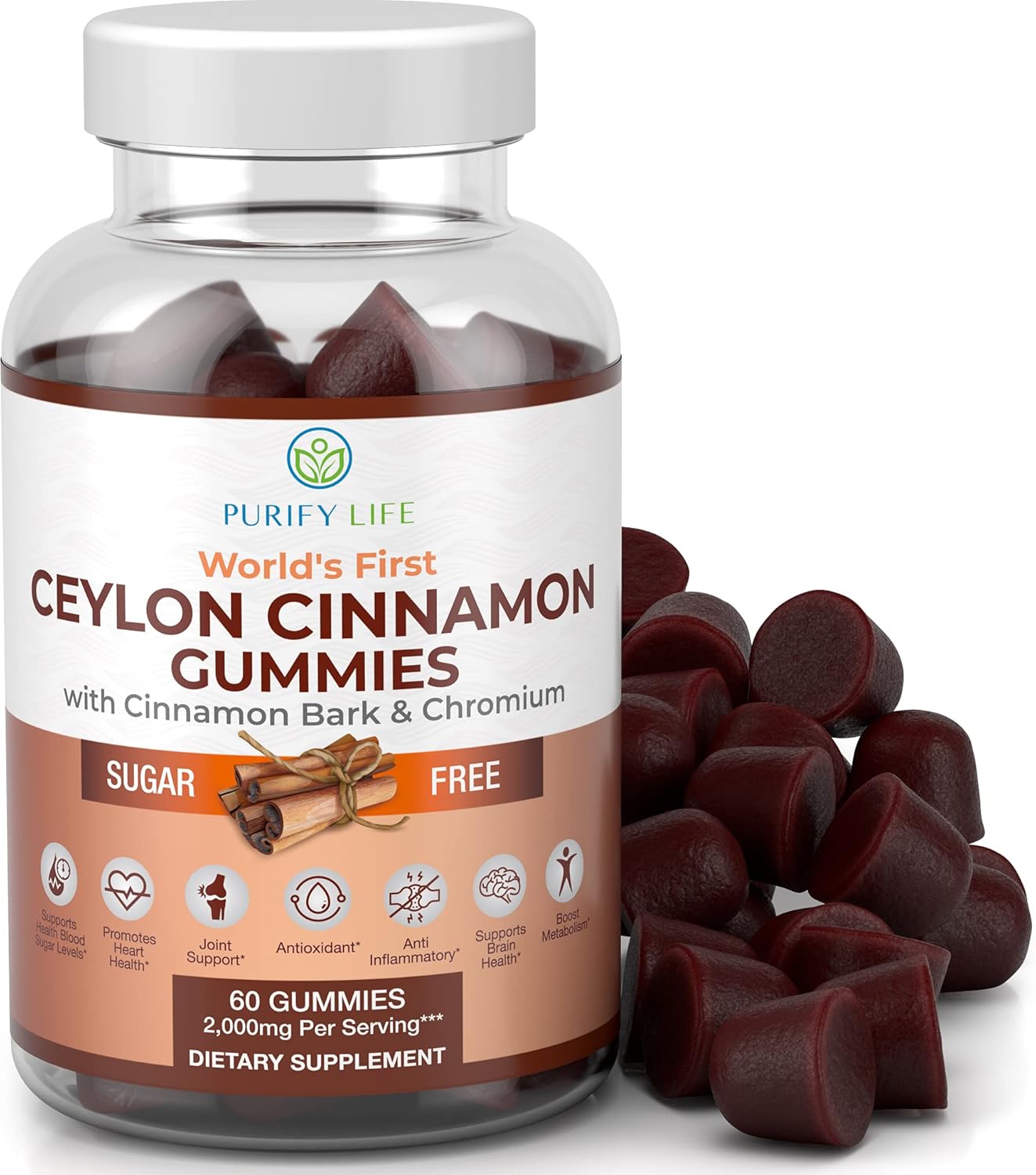 Sugar-Free Ceylon Cinnamon Gummies (60 Chews – 2,000mg/Serving) Lower Blood Sugar Support, Joint Pain & Brain Health Ceylon Cinnamon Supplement, Vegan, Gluten Free, Replace Capsules Powder Extract : Health & Household