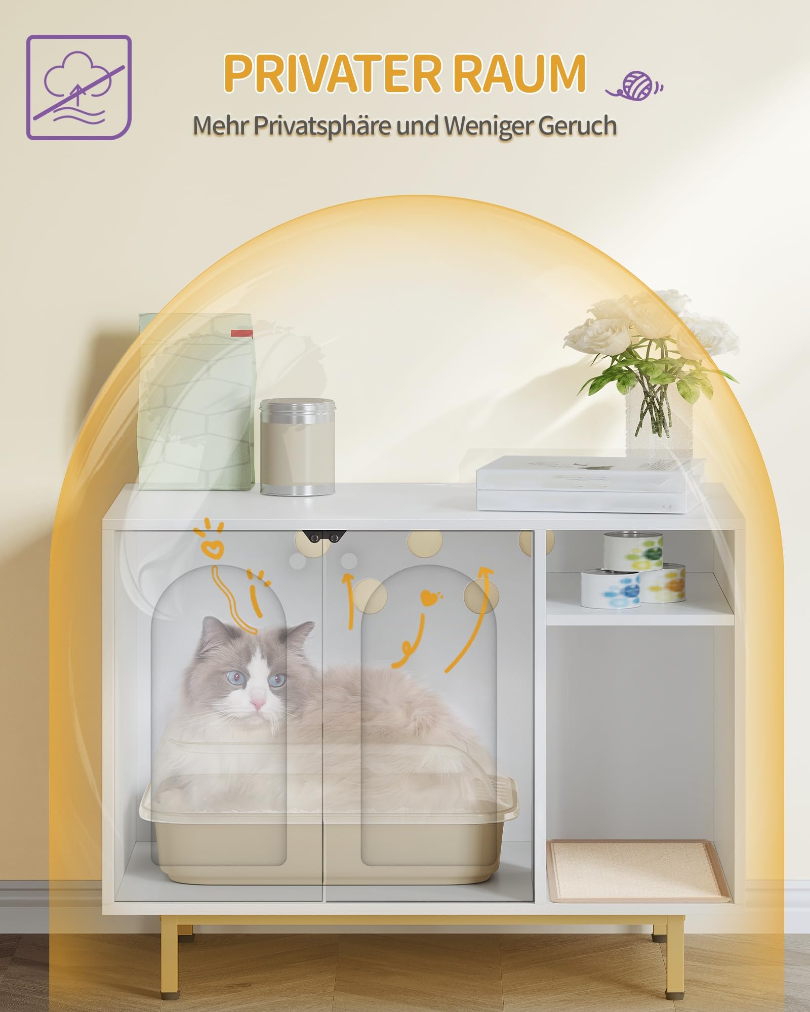 Hzuaneri Katzenschrank, Katzentoilette, Katzenklo Schrank, Katzenhaus mit Tür und separater Trennwand, 80 x 50 x 61 cm, Stabile Katzenschrank, Sitzbank, Weiß und Gold 01503GCLB