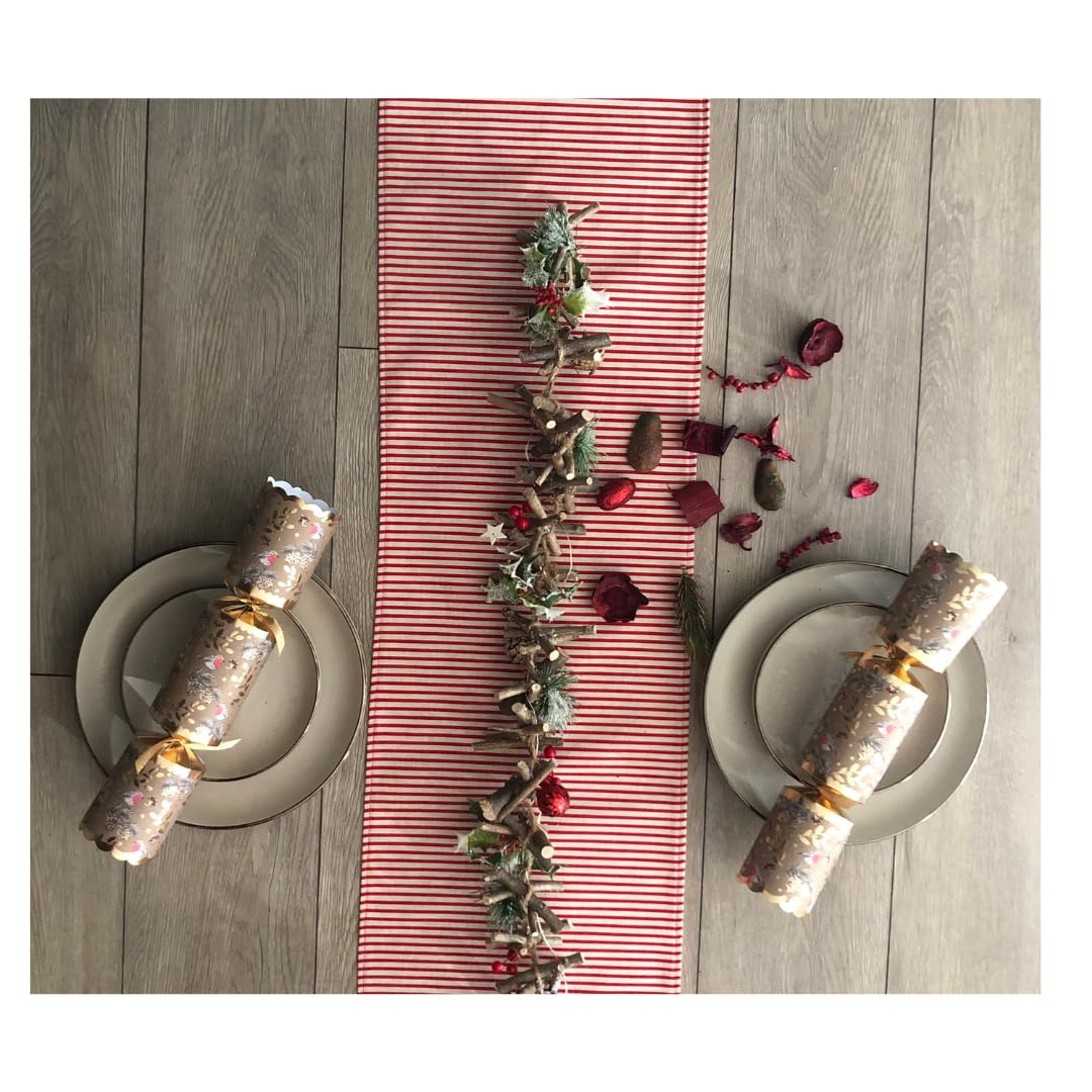 100% Cotton Fabric Christmas Table Runner-Xmas Table Decoration - Santa, Reindeer, Snowmen, Trees - Kitchen Christmas Decorative Tableware Dining Table (30cm x 200cm, Linen Red Stripe)