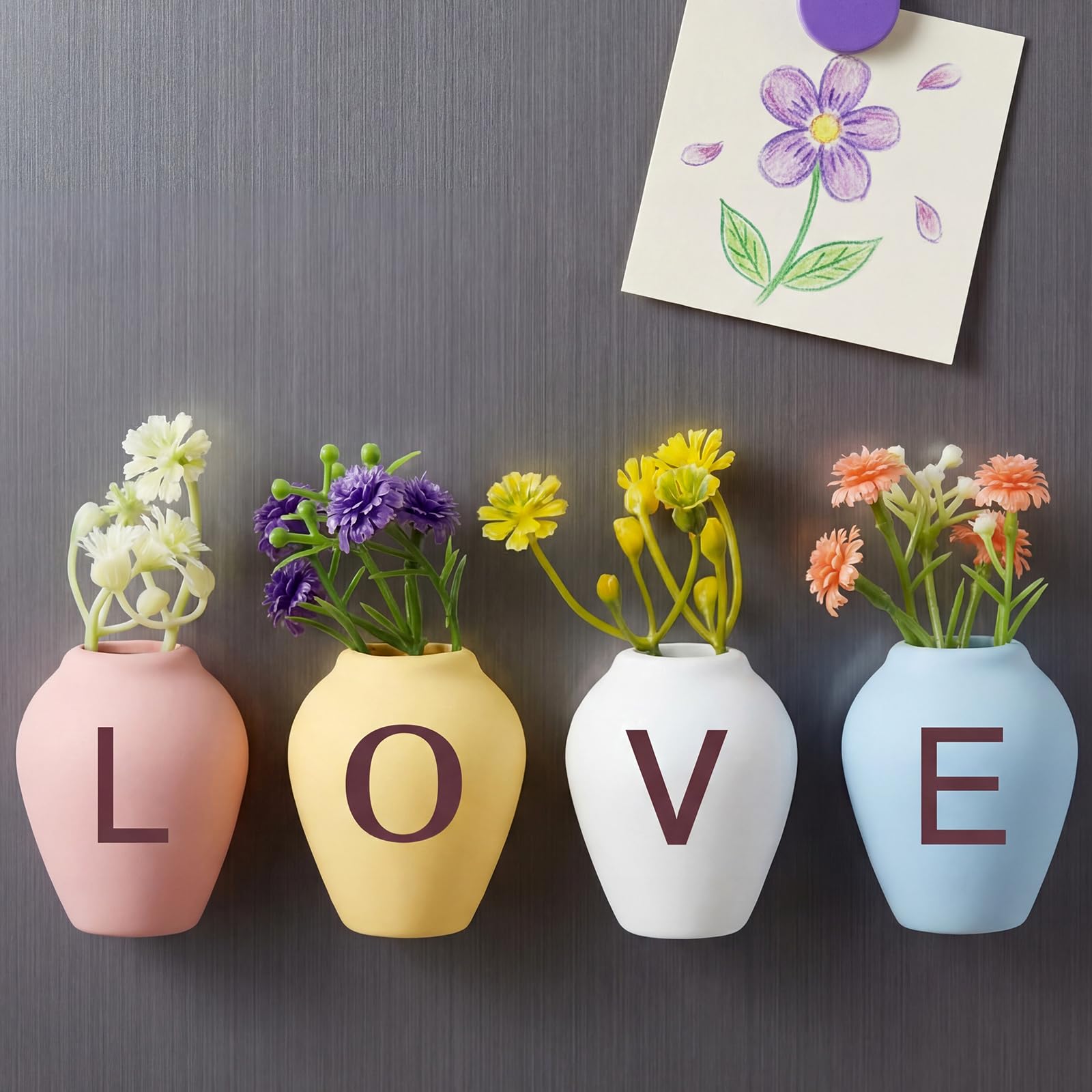 Kingdder 4 Pcs Mini Vase Magnets for Fridge Valentines Lover Gifts Mini 3D Vases with Flowers Cute Tiny Plant Refrigerator Decoration Kitchen Office Decor Gifts for Birthday, Valentines Day