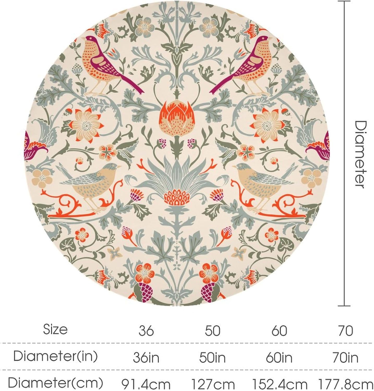 William Morris Tablecloth, Vintage Rustic Classic Art Nature Plant Floral Bird Round Print for Home Party Dining Room Kitchen Round 60 Inch
