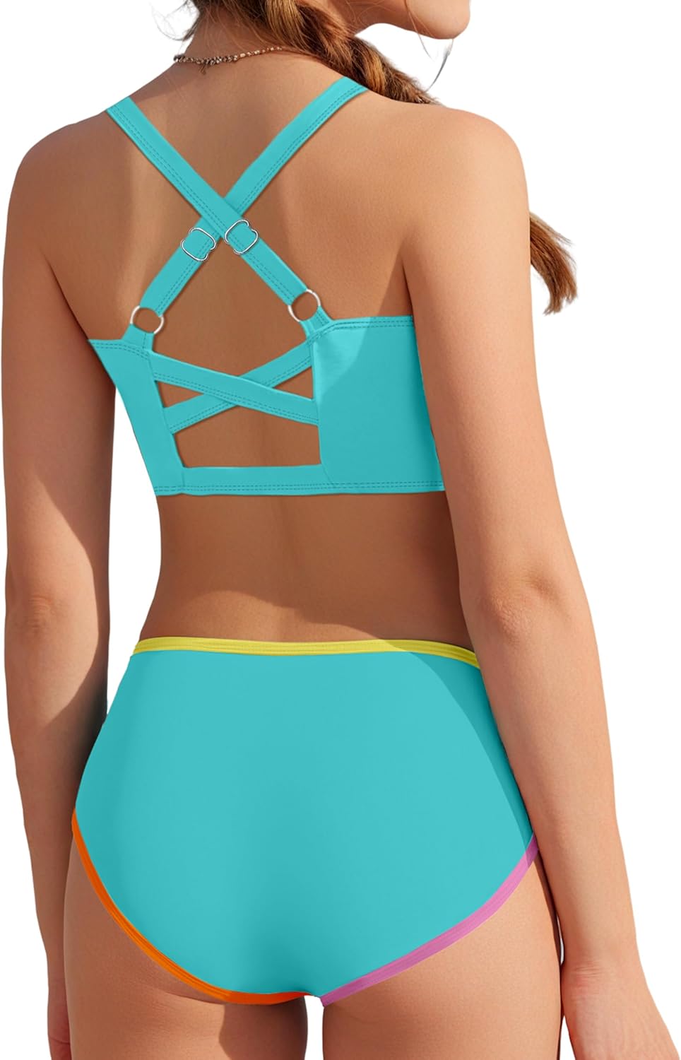 Girls Swimsuit Two Piece High Waist Athletic Piping Girls Bathing Suit Cute Fashion Classic Bikinis Set Kids Swim Suits