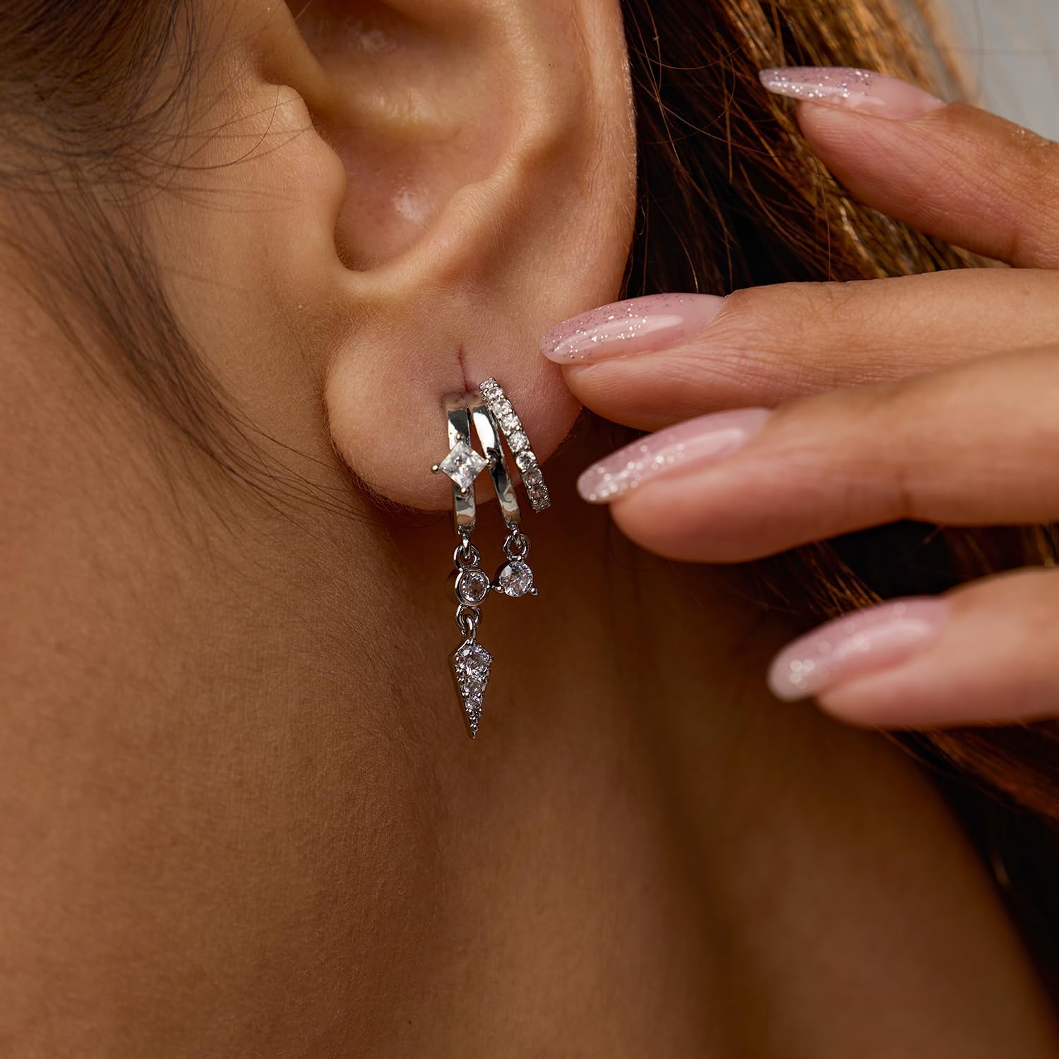 Hefanny Triple Huggie Stacked Earrings for Women Gold Chain Drop Dangle Earrings Cute Statement CZ Earrings Trendy Dainty Jewelry Gift - Image 7