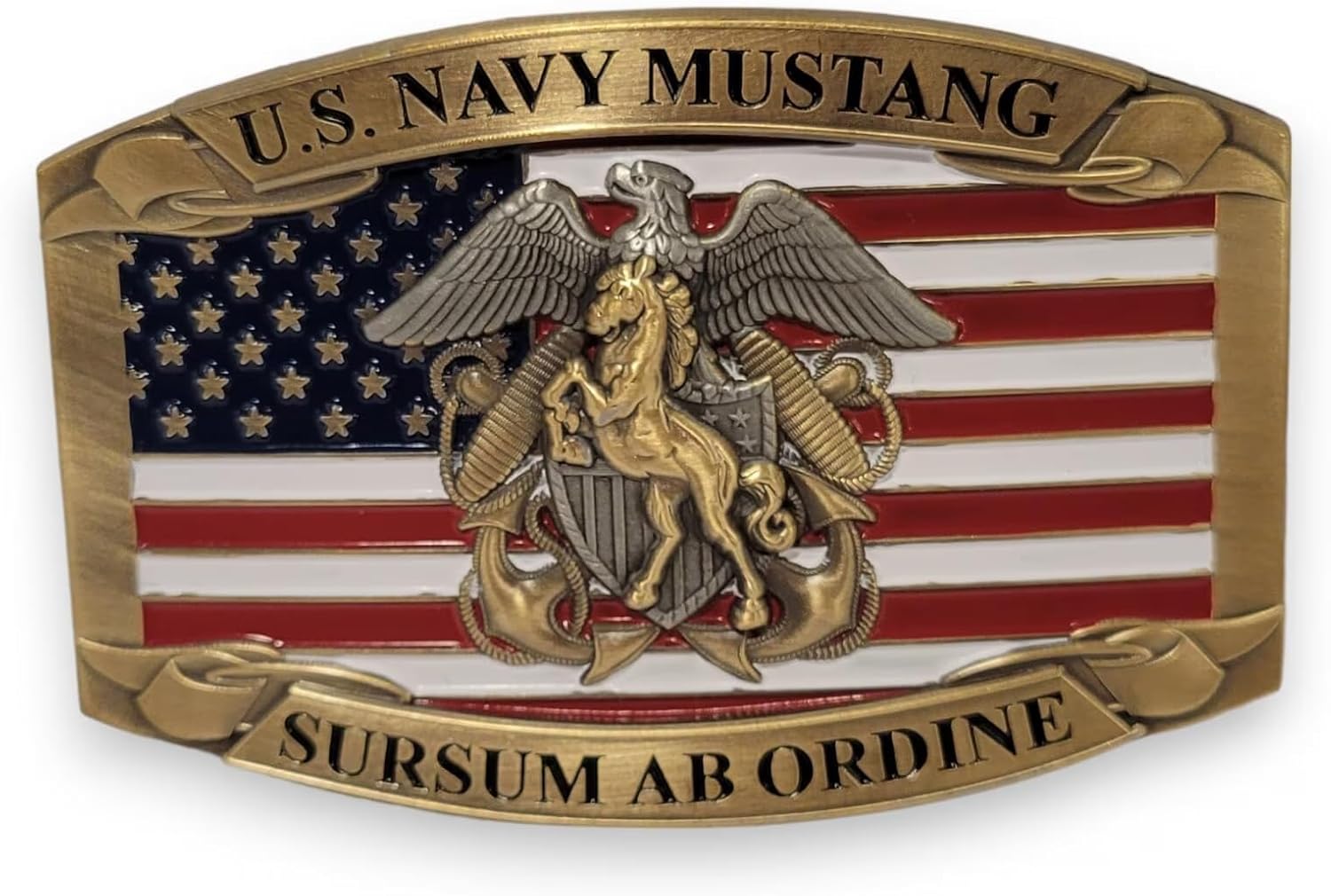 Generic Navy Mustang Officer Custom Belt Buckle - US Military - 3D Horse Crest (Antique Brass Color), Adult