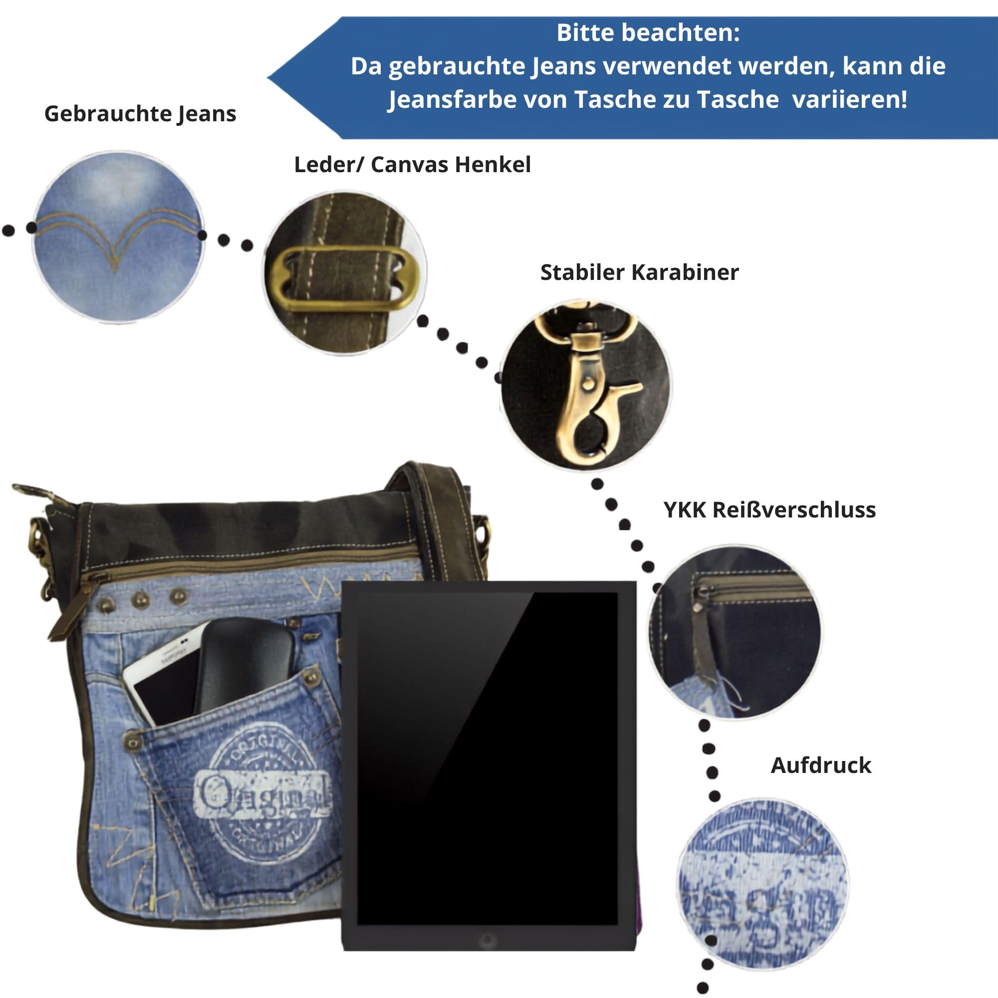 Sunsa Messenger Tasche Umhängetasche aus recycelte Jeans & Canvas Unisex