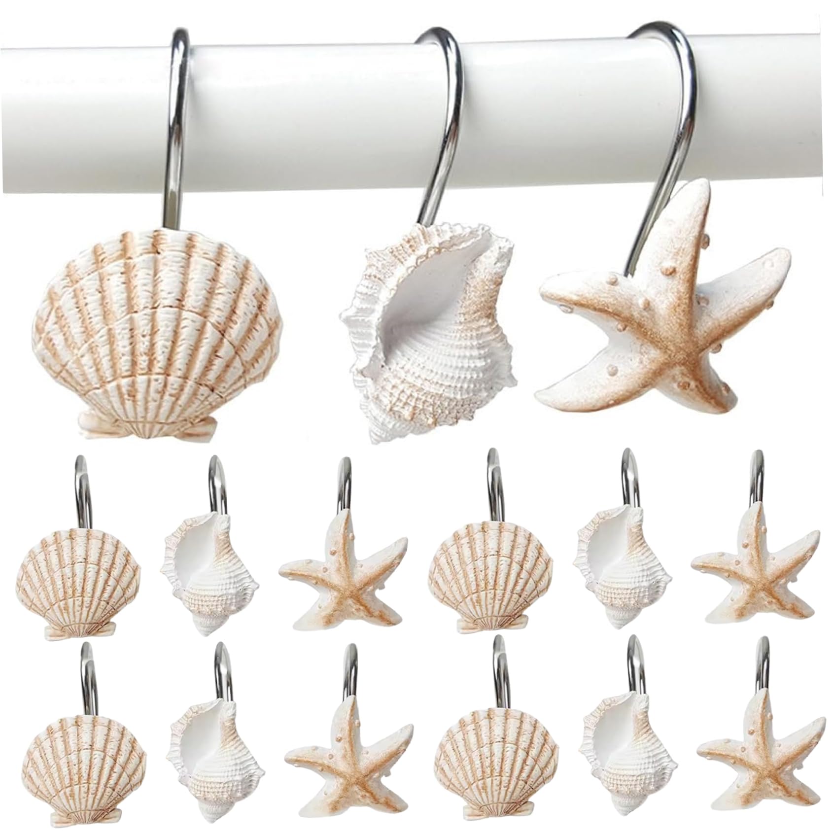 Ameble 12Pcs/Set Lifelike Resin Conch, & Seashell Decorative Shower Curtain Hooks, Ocean Theme Bathroom Hangers, Rustproof Shower Hooks Set