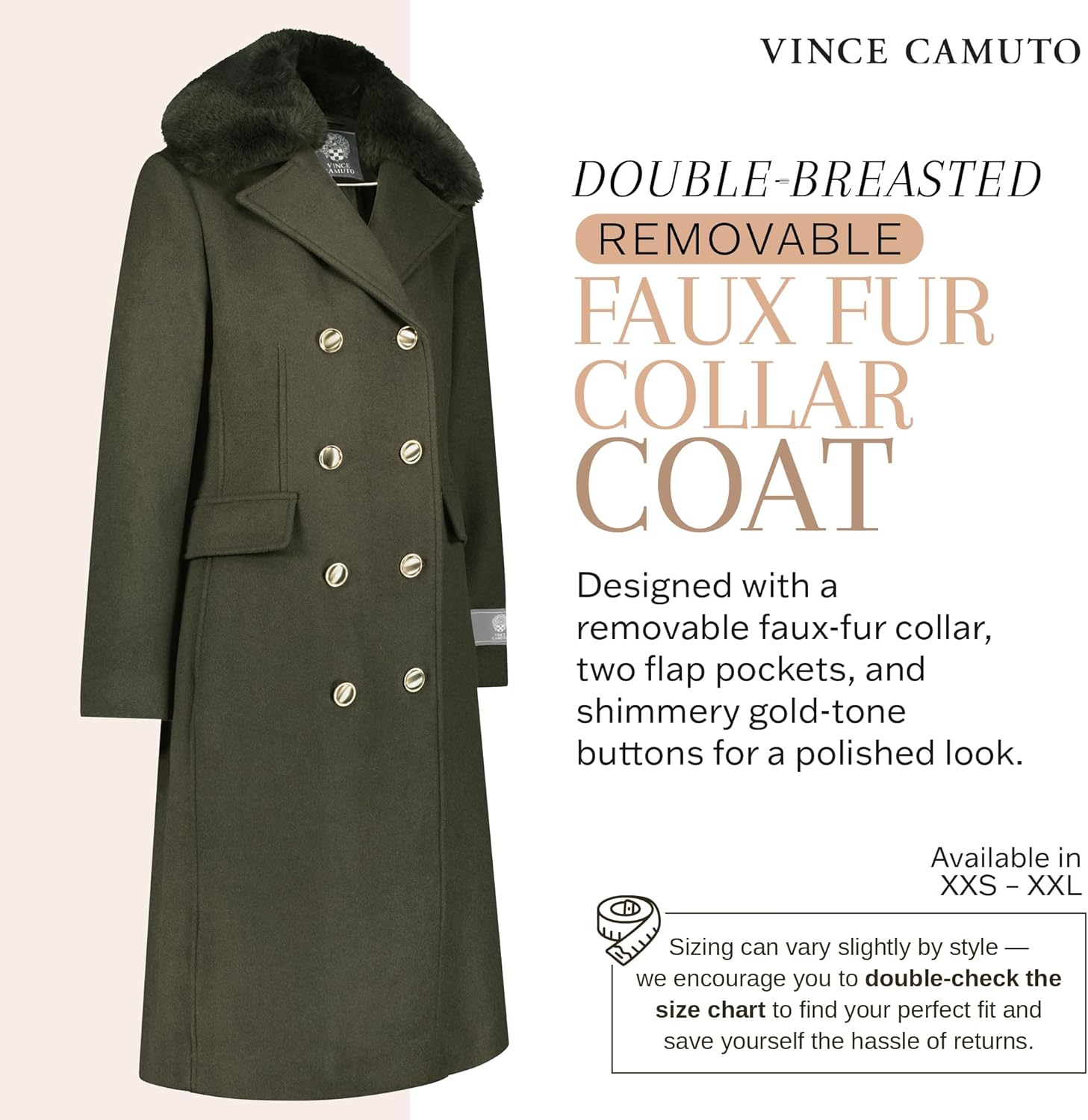 Vince Camuto Winter Coats - Women Double-Breasted Faux Collar Wool Womens Jacket - Image 3