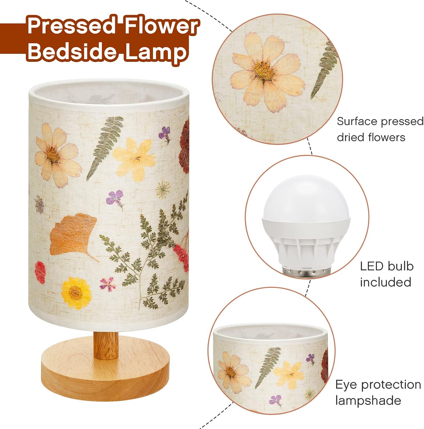 Hortsun Bedside Lamp Pressed Flower Bedside Lamp Pressed Flowers Lampshade Lamp for Table Living Room Dorm Home Office (Modern Style, 1 Pcs)