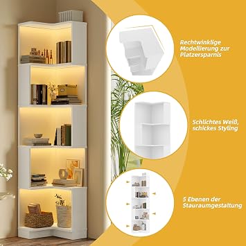 Corner Bookcase, Multifunctional Bookcase, L-shaped Bookcase, L-E-D Colour Changing Light Bar, Remote Control/App Control, Five Layer Storage Space (White, 63.5 x 45 x 175 cm)